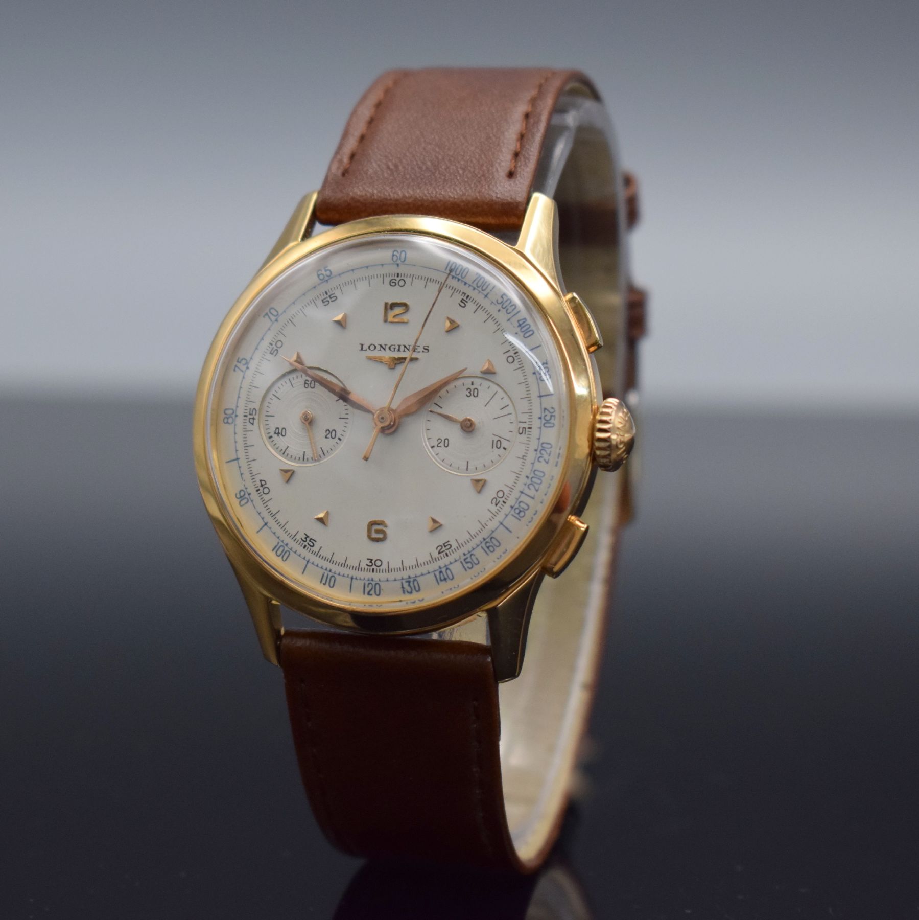 Detail b: LONGINES 30CH großer Flyback-Chronograph in RoseG 750/000, Handaufzug, Schweiz um 1955, Ref. 5967, 3-teil. Geh., Boden & Glasrand aufgedr., orig. ...