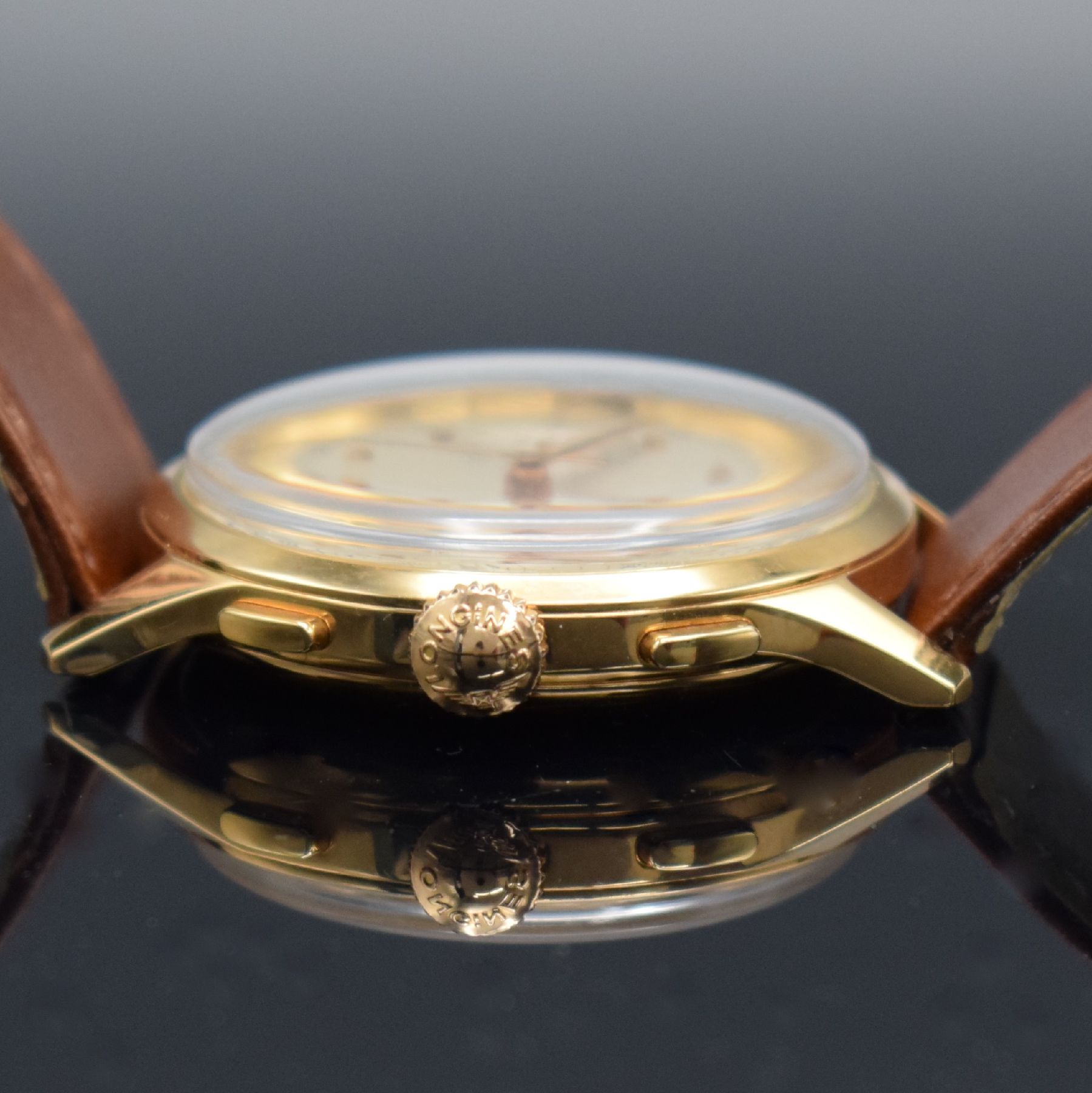 Detail c: LONGINES 30CH großer Flyback-Chronograph in RoseG 750/000, Handaufzug, Schweiz um 1955, Ref. 5967, 3-teil. Geh., Boden & Glasrand aufgedr., orig. ...