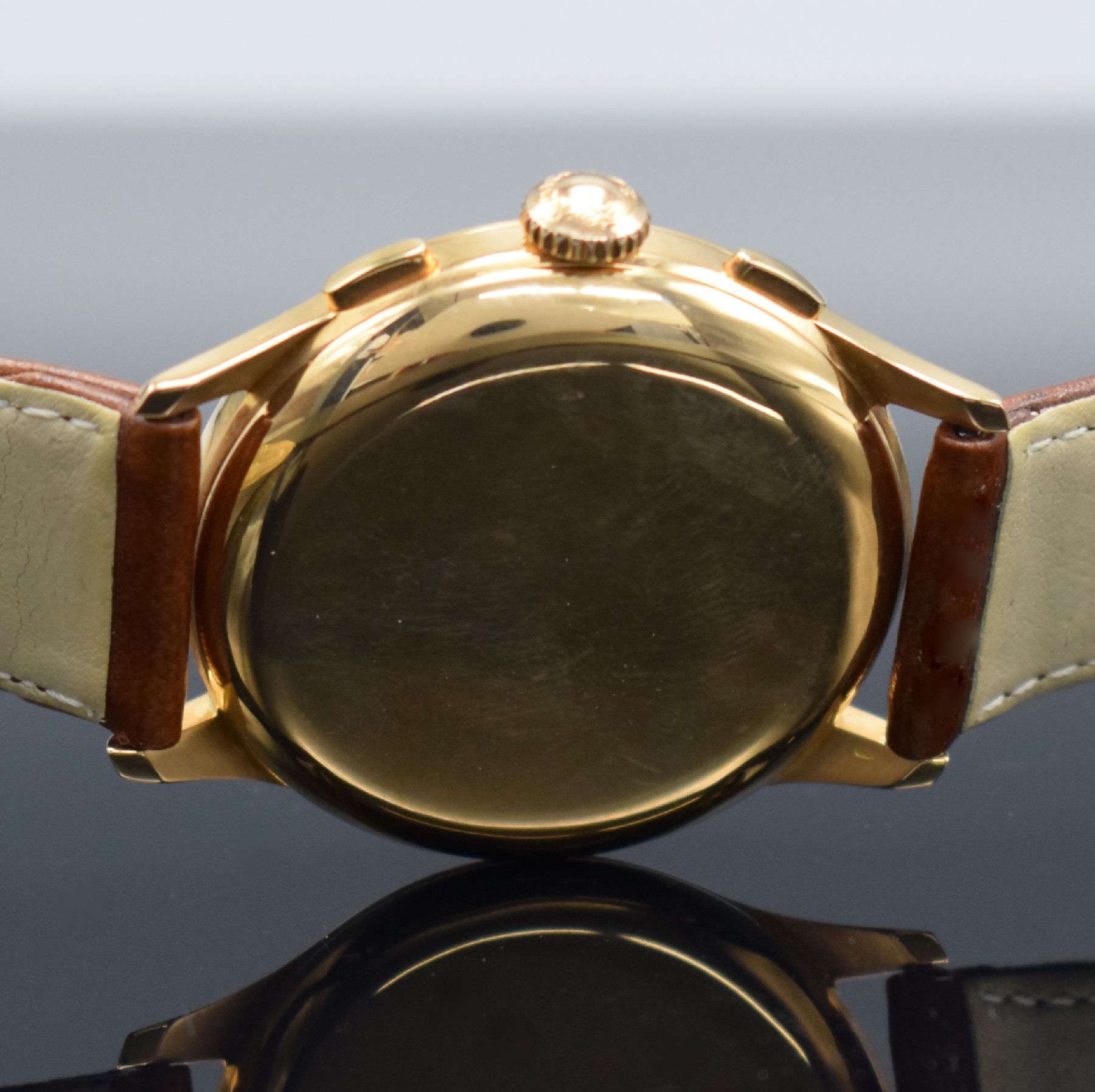 Detail e: LONGINES 30CH großer Flyback-Chronograph in RoseG 750/000, Handaufzug, Schweiz um 1955, Ref. 5967, 3-teil. Geh., Boden & Glasrand aufgedr., orig. ...
