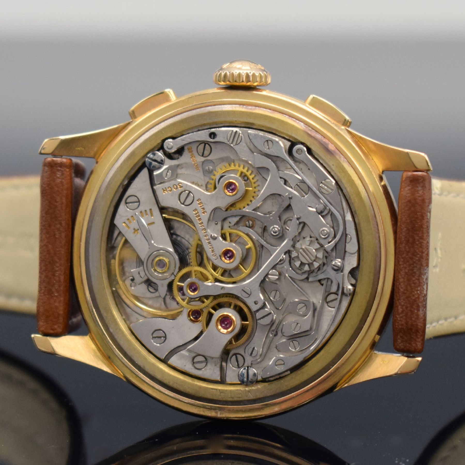 Detail f: LONGINES 30CH großer Flyback-Chronograph in RoseG 750/000, Handaufzug, Schweiz um 1955, Ref. 5967, 3-teil. Geh., Boden & Glasrand aufgedr., orig. ...