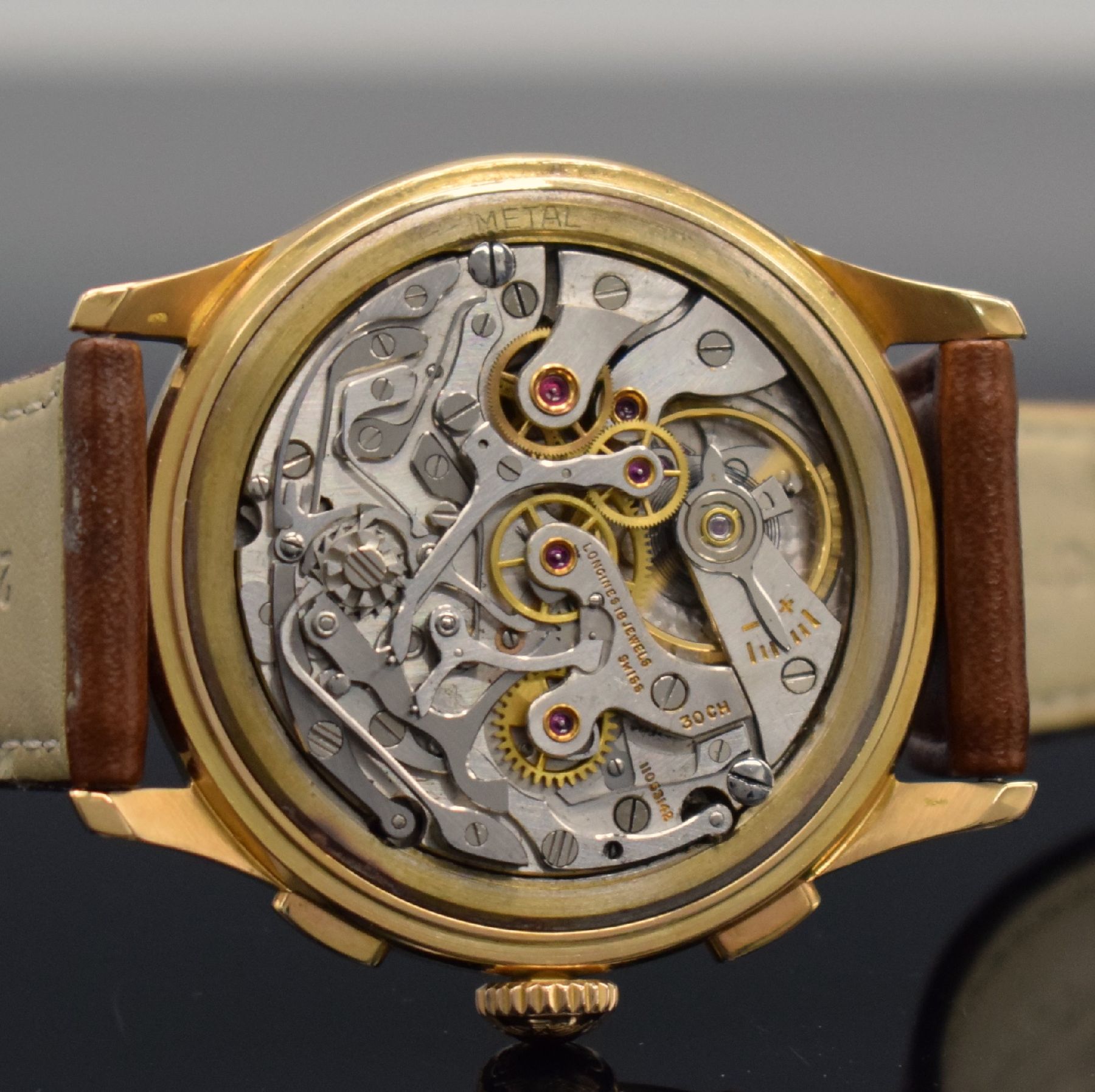 Detail g: LONGINES 30CH großer Flyback-Chronograph in RoseG 750/000, Handaufzug, Schweiz um 1955, Ref. 5967, 3-teil. Geh., Boden & Glasrand aufgedr., orig. ...