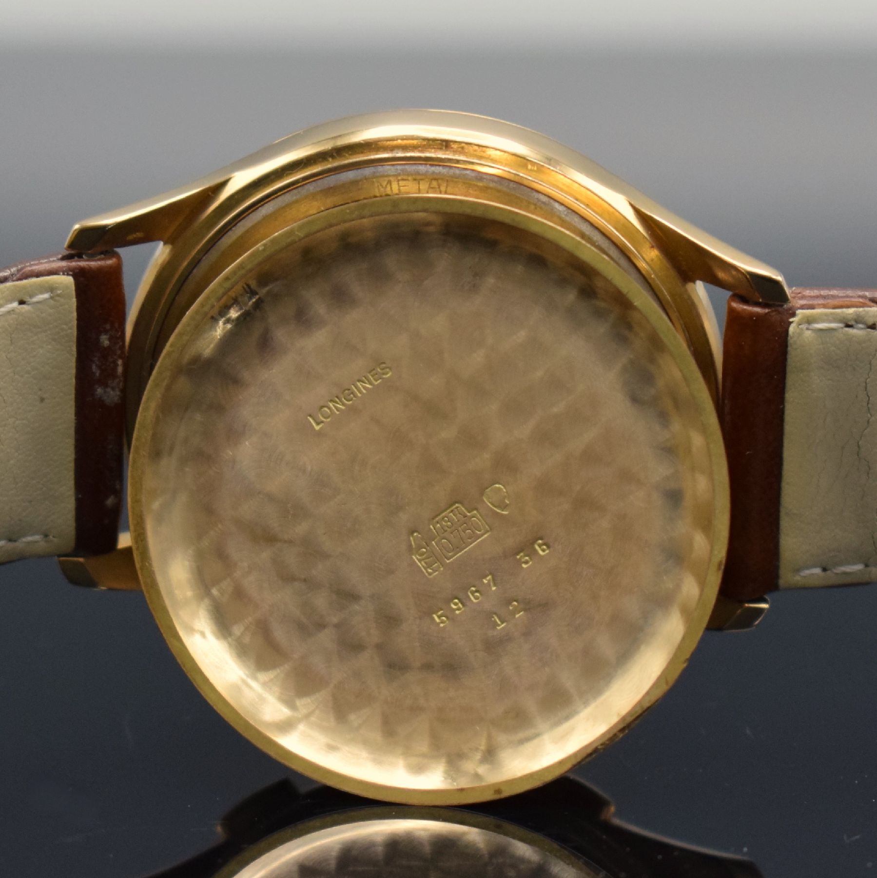 Detail h: LONGINES 30CH großer Flyback-Chronograph in RoseG 750/000, Handaufzug, Schweiz um 1955, Ref. 5967, 3-teil. Geh., Boden & Glasrand aufgedr., orig. ...