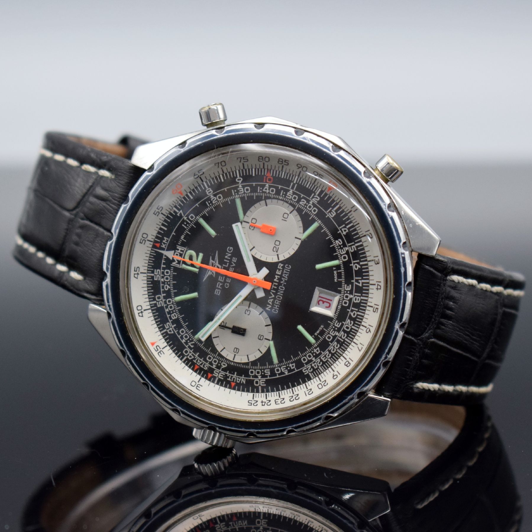Detail b: BREITLING Armbandchronograph Navitimer Chrono-Matic Referenz 1806, Automatik, Schweiz um 1972, verschr. Stahlgeh., orig. Krone & Drücker, innen ...