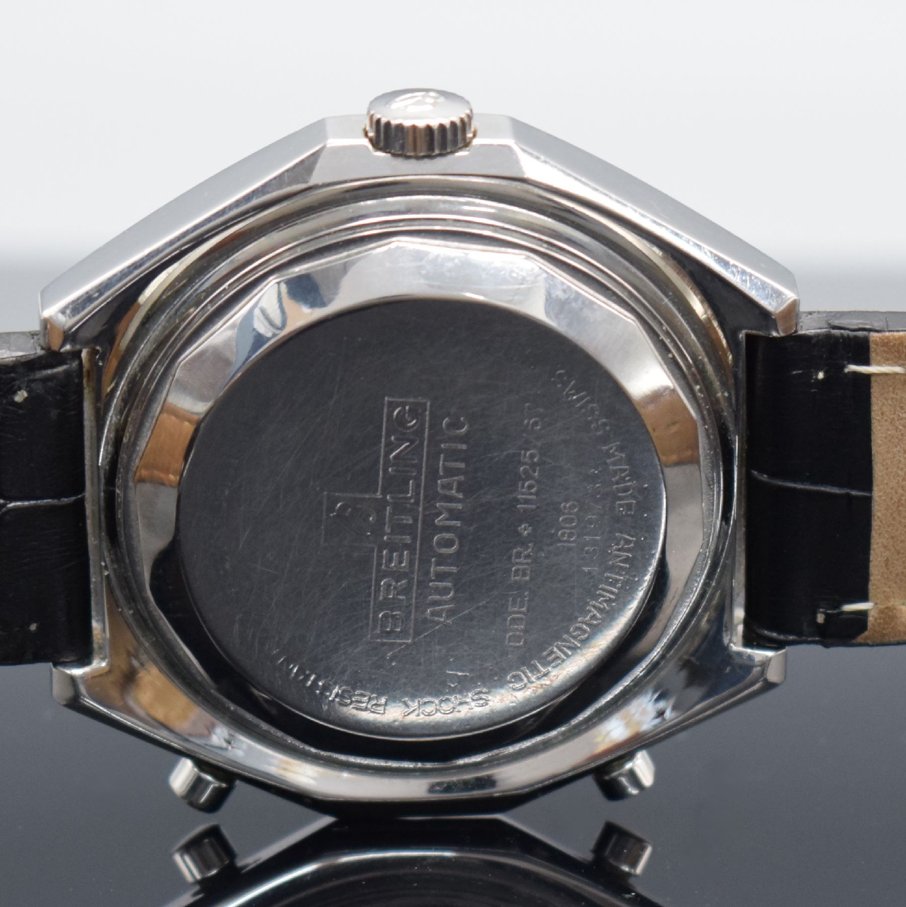 Detail e: BREITLING Armbandchronograph Navitimer Chrono-Matic Referenz 1806, Automatik, Schweiz um 1972, verschr. Stahlgeh., orig. Krone & Drücker, innen ...