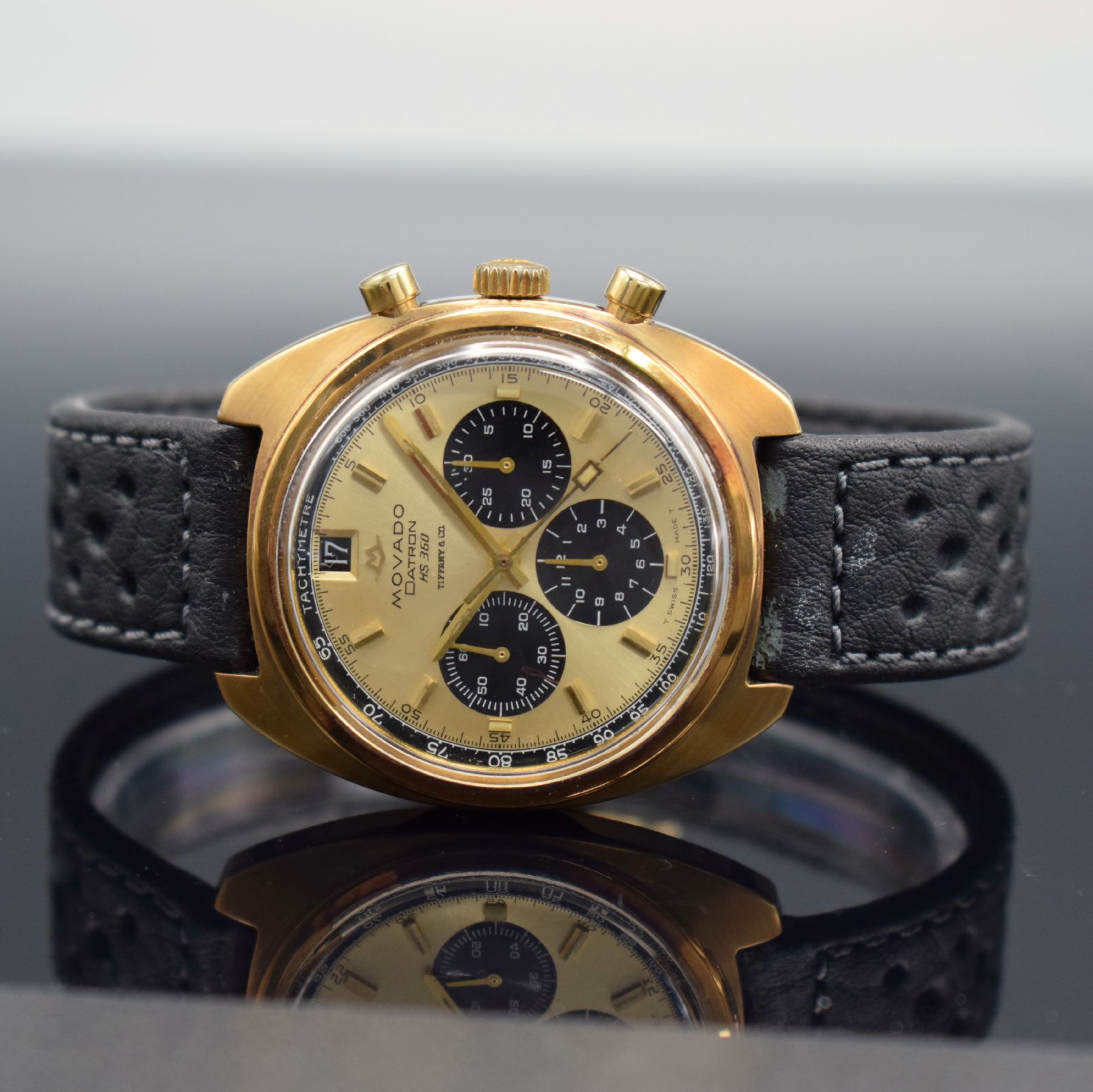 MOVADO Datron HS 360 SUB-SEA Schaltradchronograph in GG 585/000, Automatik, Schweiz um 1970, Boden verschr., gold. Zifferbl. m. späterer Tiffany & ...