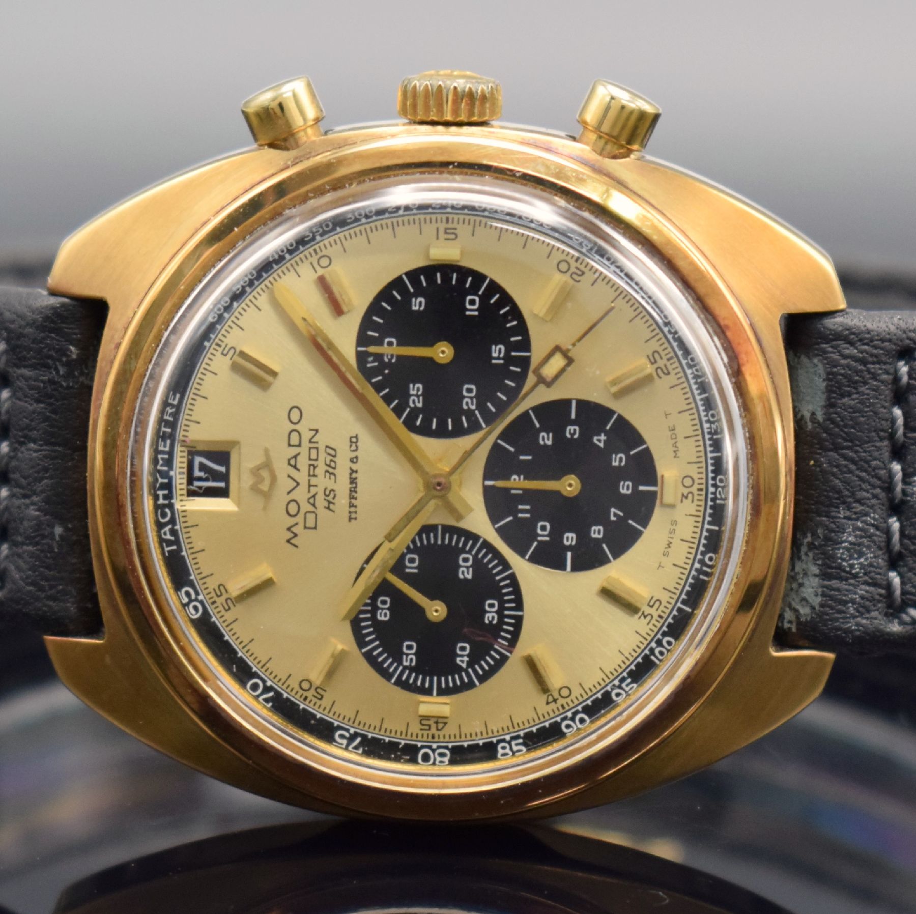 Detail a: MOVADO Datron HS 360 SUB-SEA Schaltradchronograph in GG 585/000, Automatik, Schweiz um 1970, Boden verschr., gold. Zifferbl. m. späterer Tiffany & ...