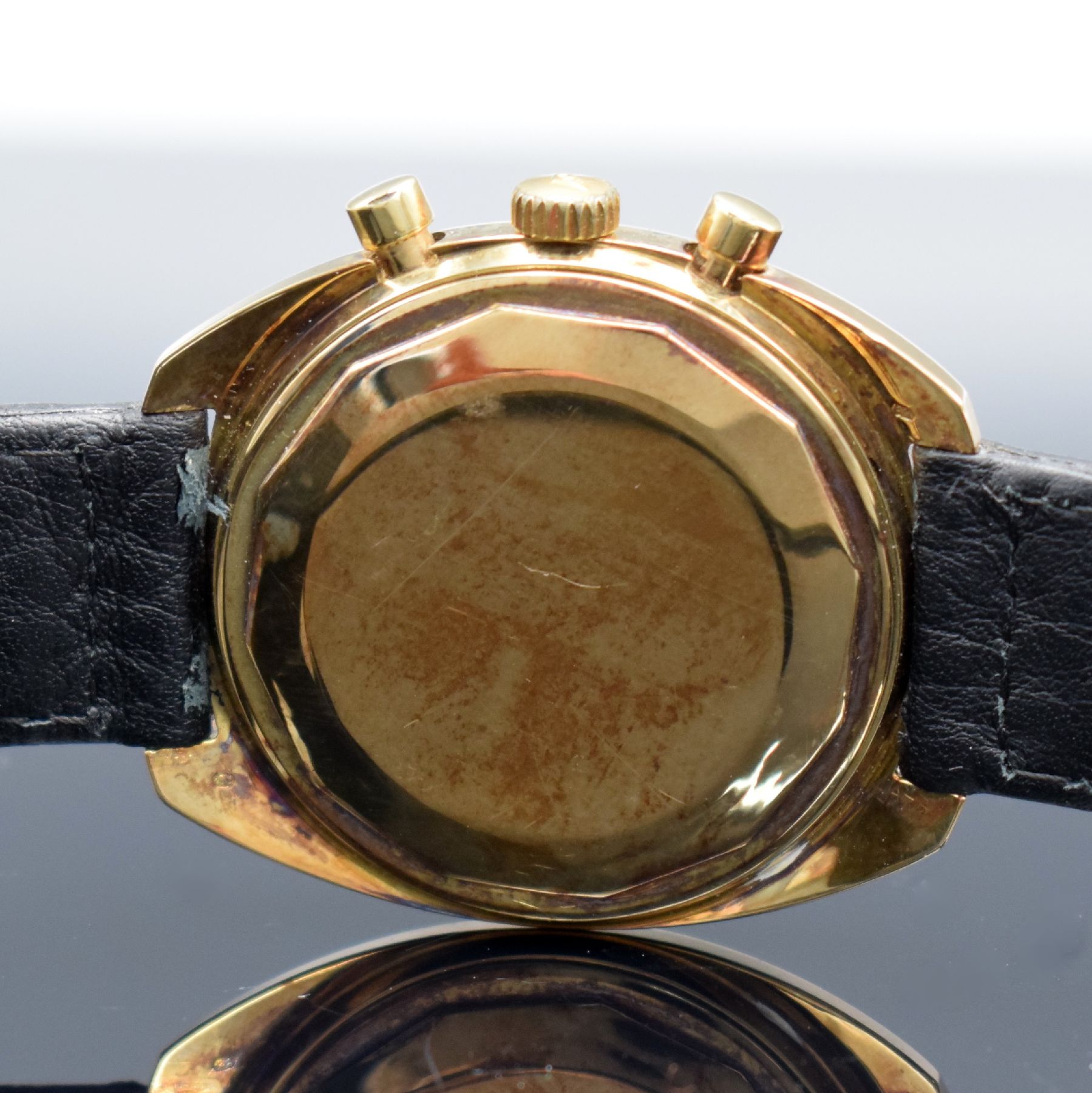 Detail e: MOVADO Datron HS 360 SUB-SEA Schaltradchronograph in GG 585/000, Automatik, Schweiz um 1970, Boden verschr., gold. Zifferbl. m. späterer Tiffany & ...