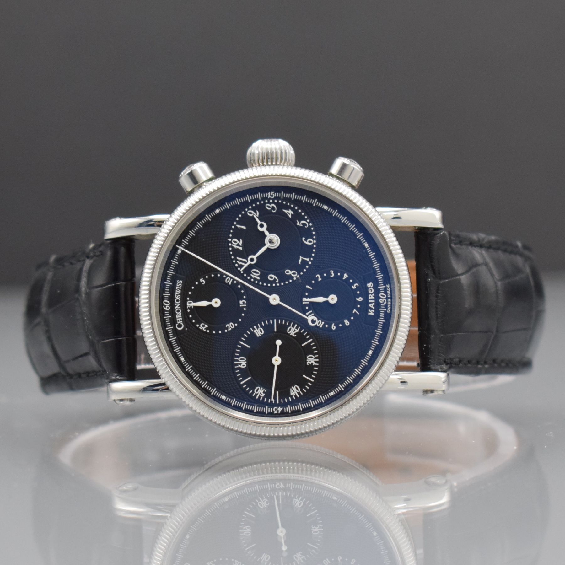 CHRONOSWISS Kairos Armbandchronograph in Stahl Referenz CH 7523, Automatik, Schweiz/Deutschland um 1995, 3-teil. Geh. beids. vergl., geriffelte ...