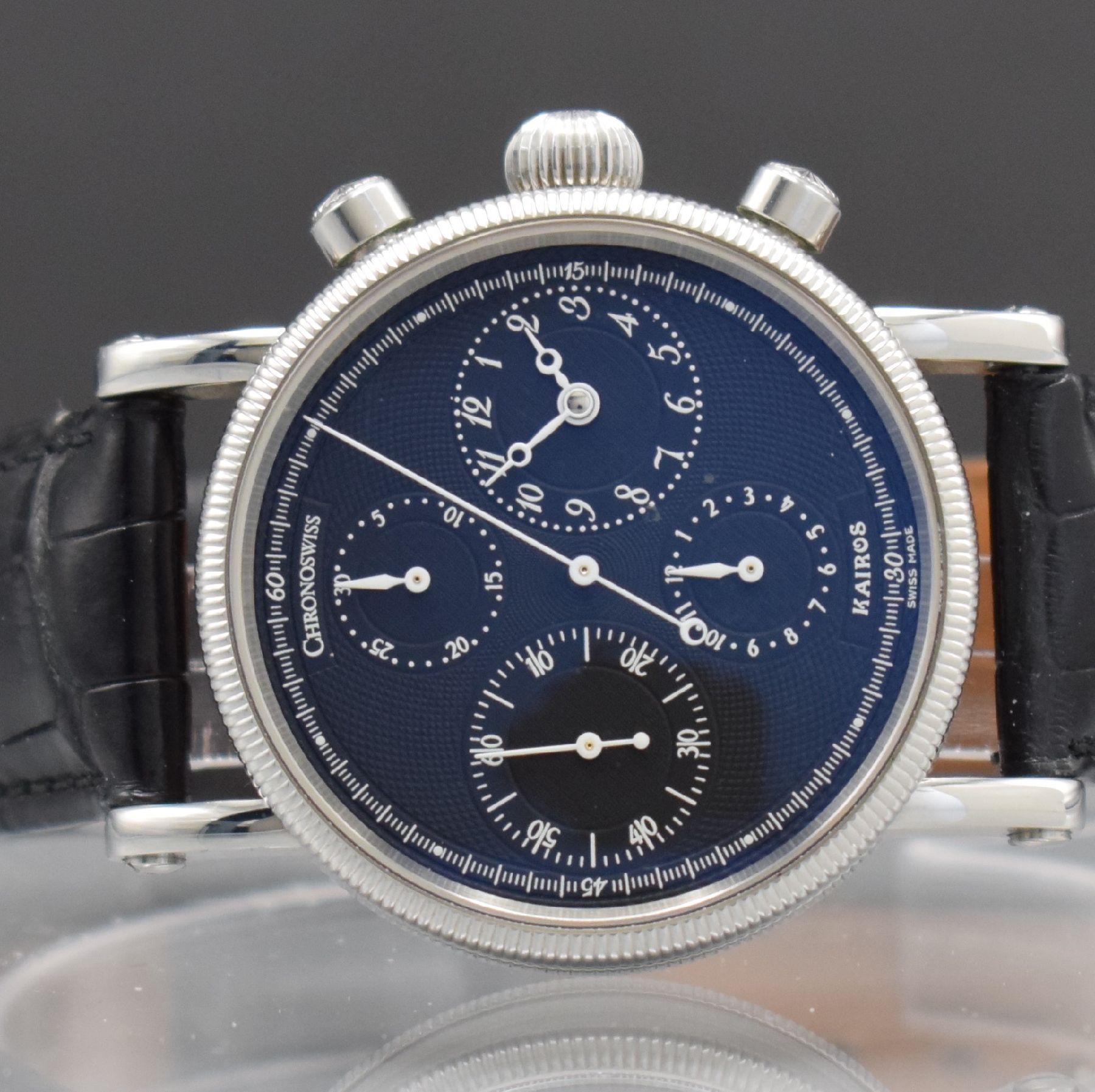 Detail a: CHRONOSWISS Kairos Armbandchronograph in Stahl Referenz CH 7523, Automatik, Schweiz/Deutschland um 1995, 3-teil. Geh. beids. vergl., geriffelte ...