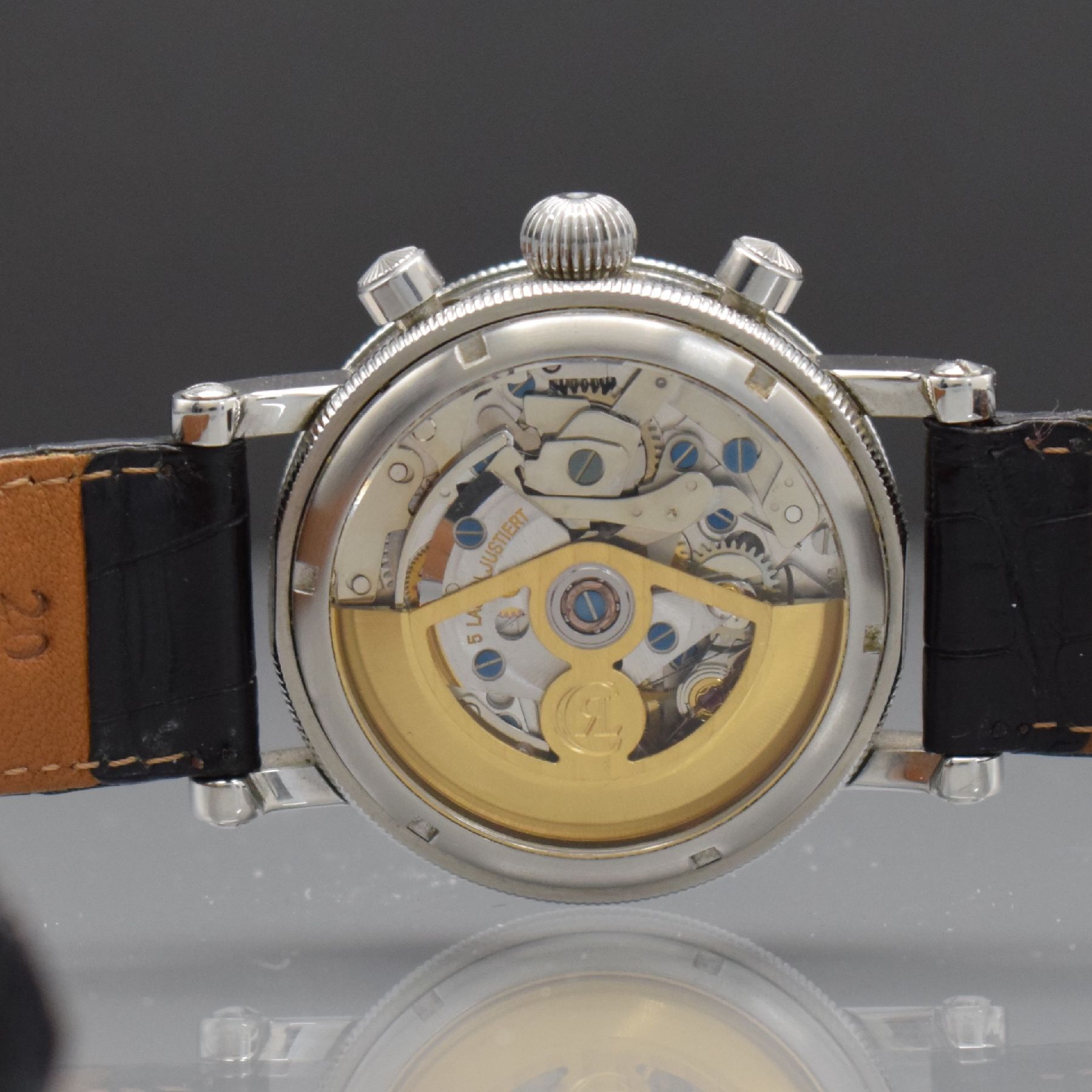 Detail e: CHRONOSWISS Kairos Armbandchronograph in Stahl Referenz CH 7523, Automatik, Schweiz/Deutschland um 1995, 3-teil. Geh. beids. vergl., geriffelte ...
