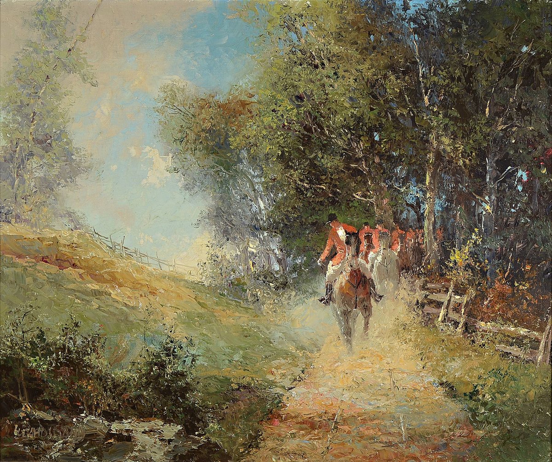 Ludwig Gschossmann, 1894 Straßburg-1988 Tegernsee, Parforcejagd am Waldrand, Öl/Lwd, links unten signiert, ca. 50x 60cm, R. ca. 60x70cm