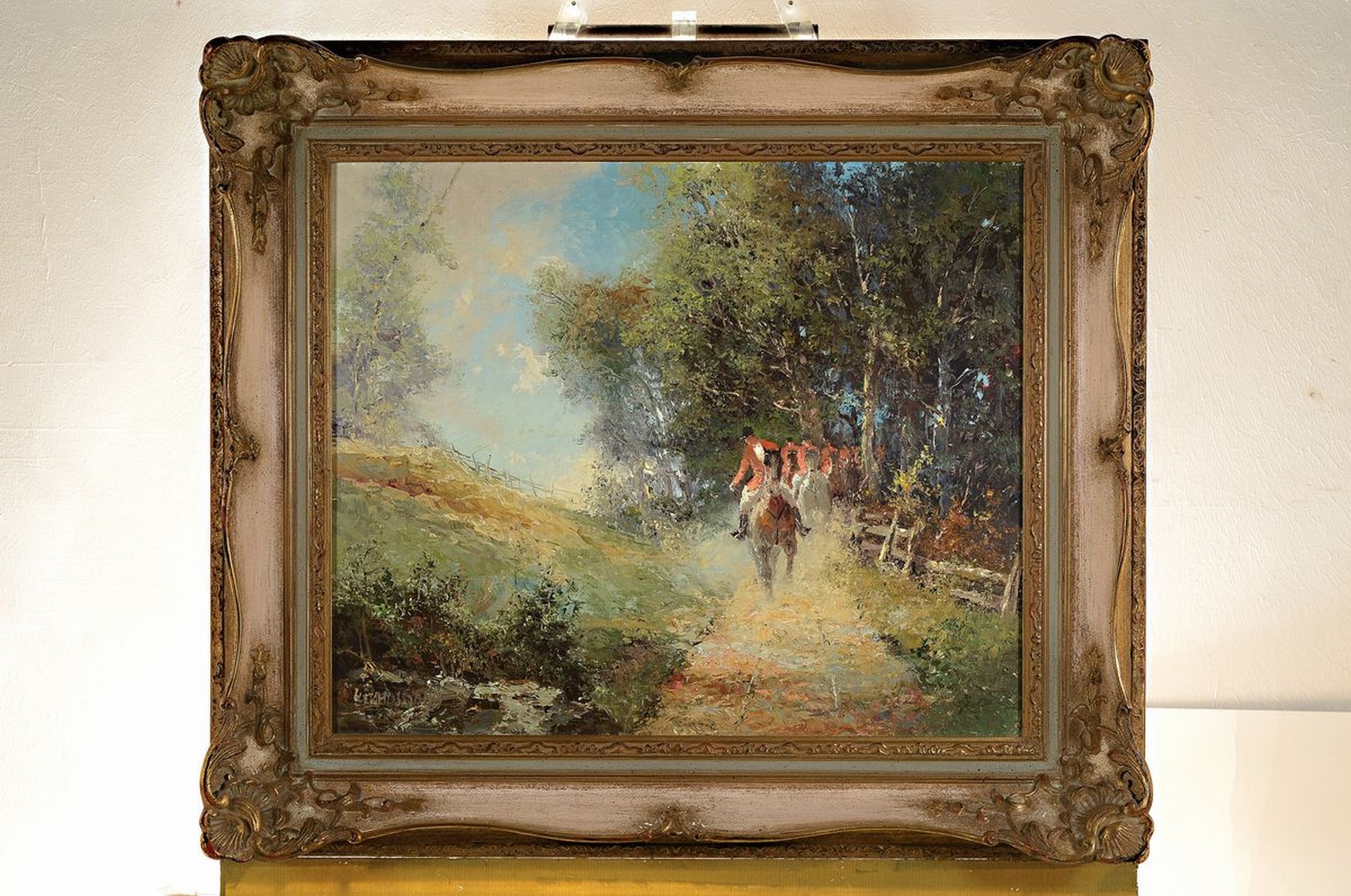 Detail k: Ludwig Gschossmann, 1894 Straßburg-1988 Tegernsee, Parforcejagd am Waldrand, Öl/Lwd, links unten signiert, ca. 50x 60cm, R. ca. 60x70cm
