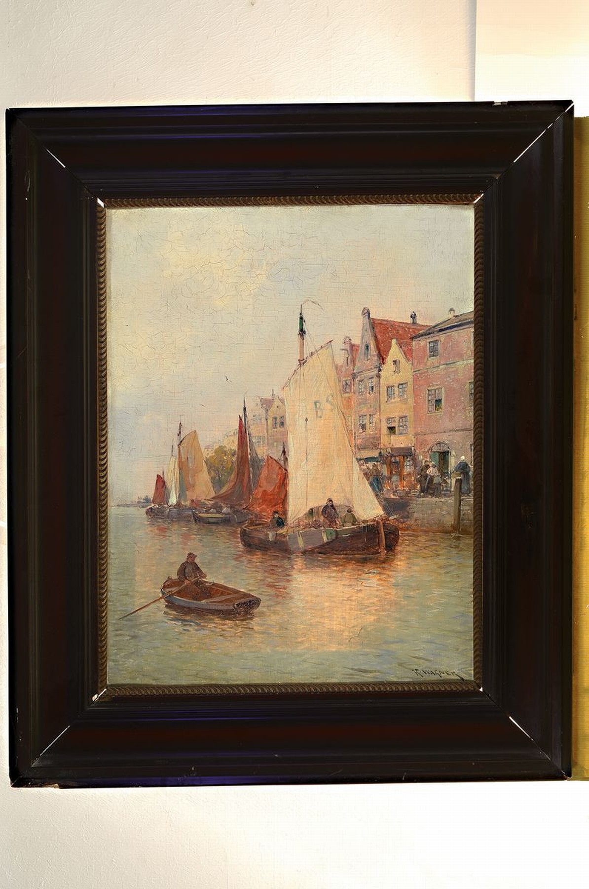 Detail k: Karl Wagner, 1839 Karlsruhe-1923 Düsseldorf, Holländische Hafenansicht, Öl/Lwd, rechts unten signiert, ca. 58x45cm, R. ca. 68x55cm, Rahmen besch.