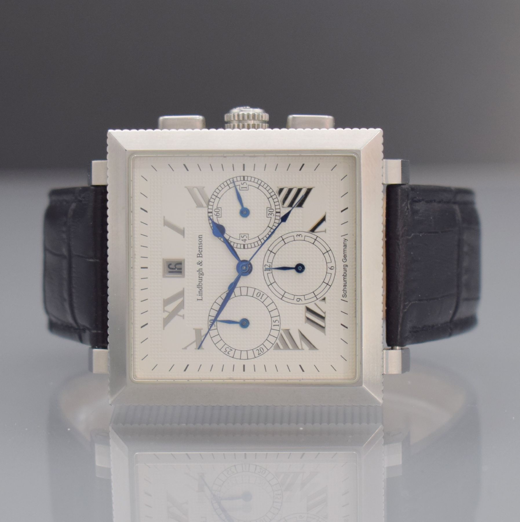 LINDBURGH & BENSON Squarematic große Herrenarmbanduhr mit Chronograph, Deutschland um 2006, Automatik, beids. vergl. Edelstahlgeh., Boden verschr., ...