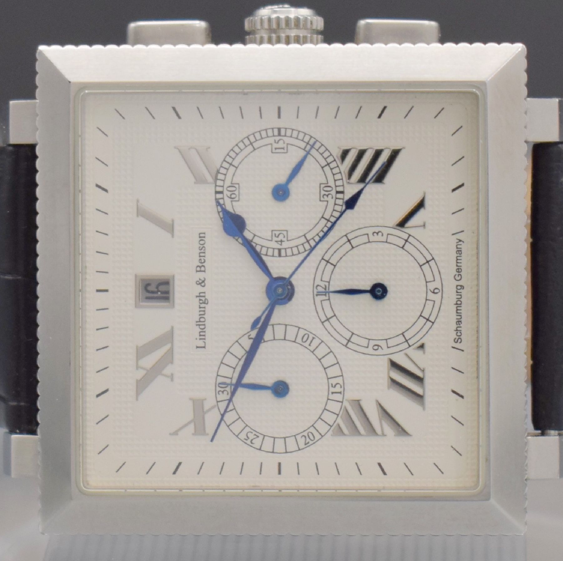 Detail a: LINDBURGH & BENSON Squarematic große Herrenarmbanduhr mit Chronograph, Deutschland um 2006, Automatik, beids. vergl. Edelstahlgeh., Boden verschr., ...