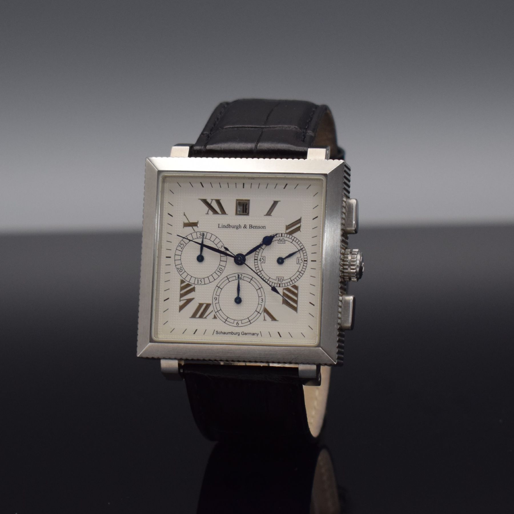 Detail c: LINDBURGH & BENSON Squarematic große Herrenarmbanduhr mit Chronograph, Deutschland um 2006, Automatik, beids. vergl. Edelstahlgeh., Boden verschr., ...