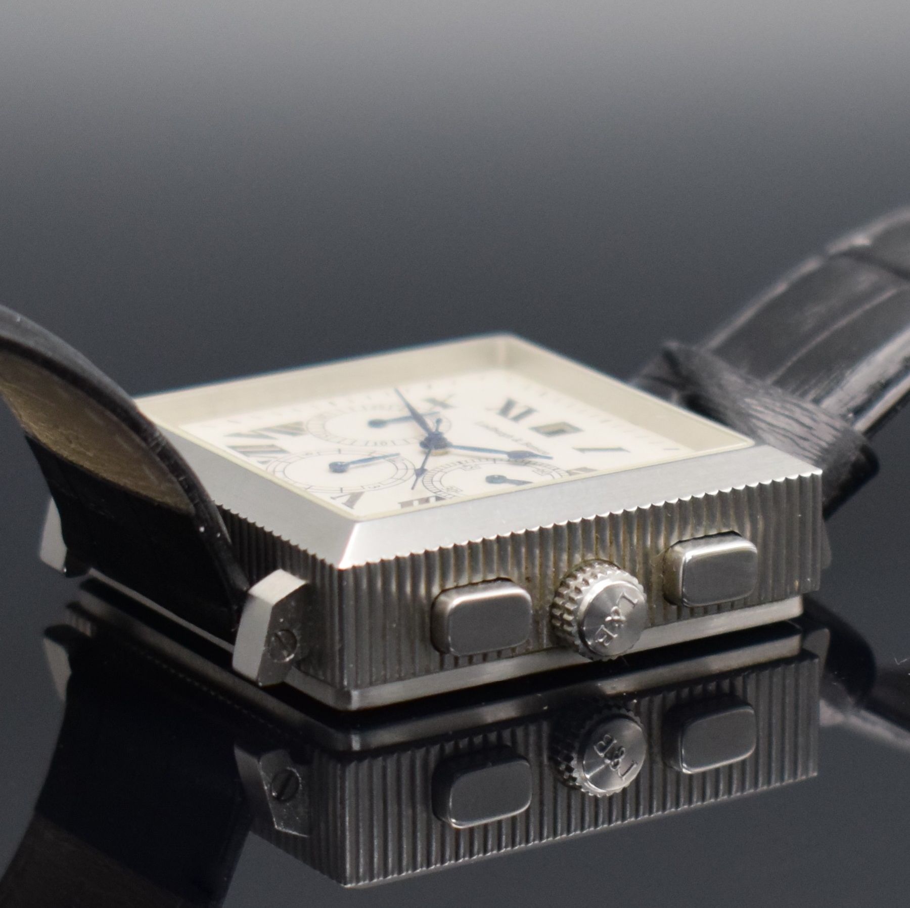 Detail d: LINDBURGH & BENSON Squarematic große Herrenarmbanduhr mit Chronograph, Deutschland um 2006, Automatik, beids. vergl. Edelstahlgeh., Boden verschr., ...