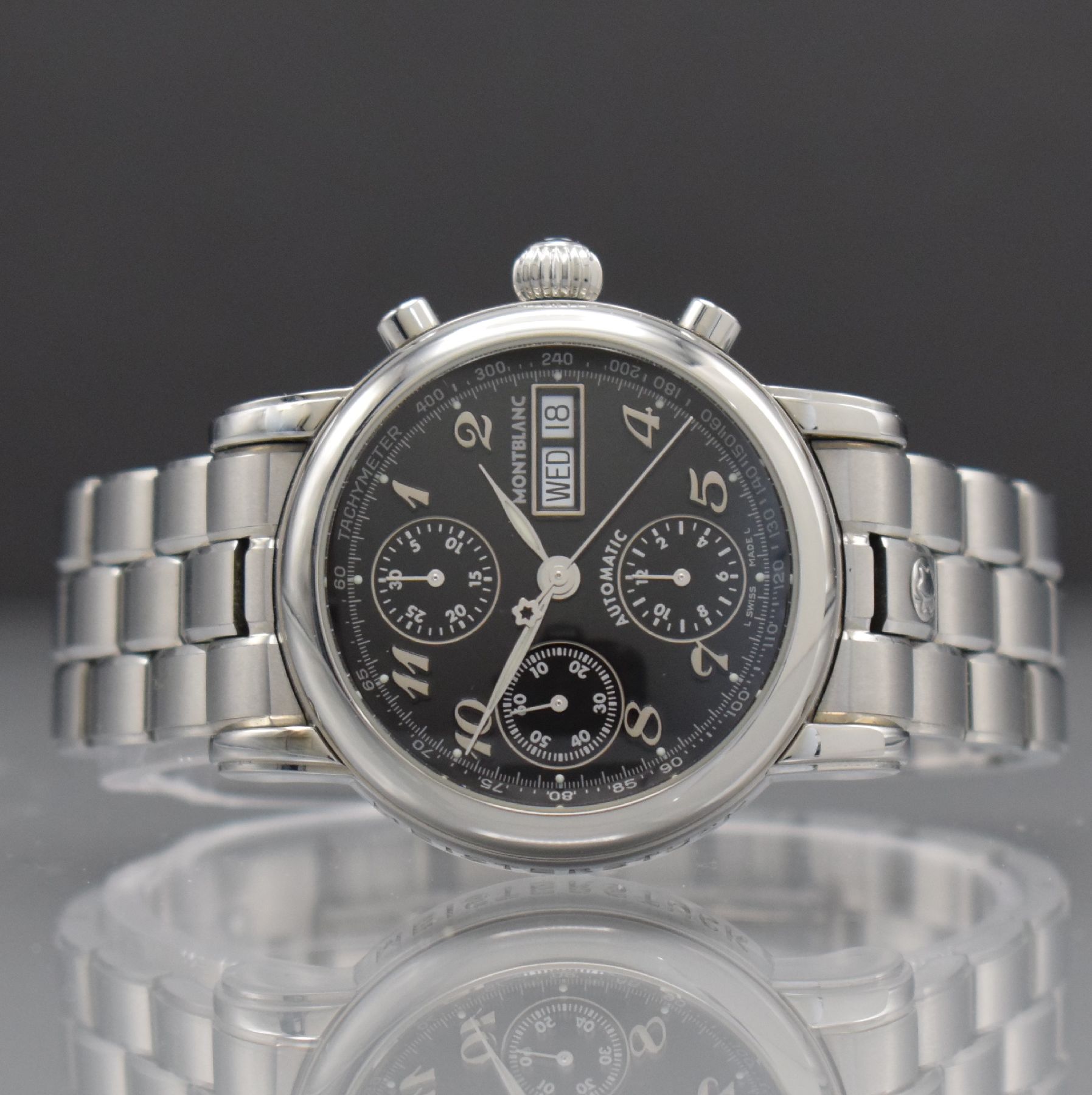 MONTBLANC Meisterstück Herrenarmbanduhr mit Chronograph, Schweiz 2003, Automatik, Ref. 7016, beids. vergl. Edelstahlgeh. inkl. orig. Gliederband m. ...