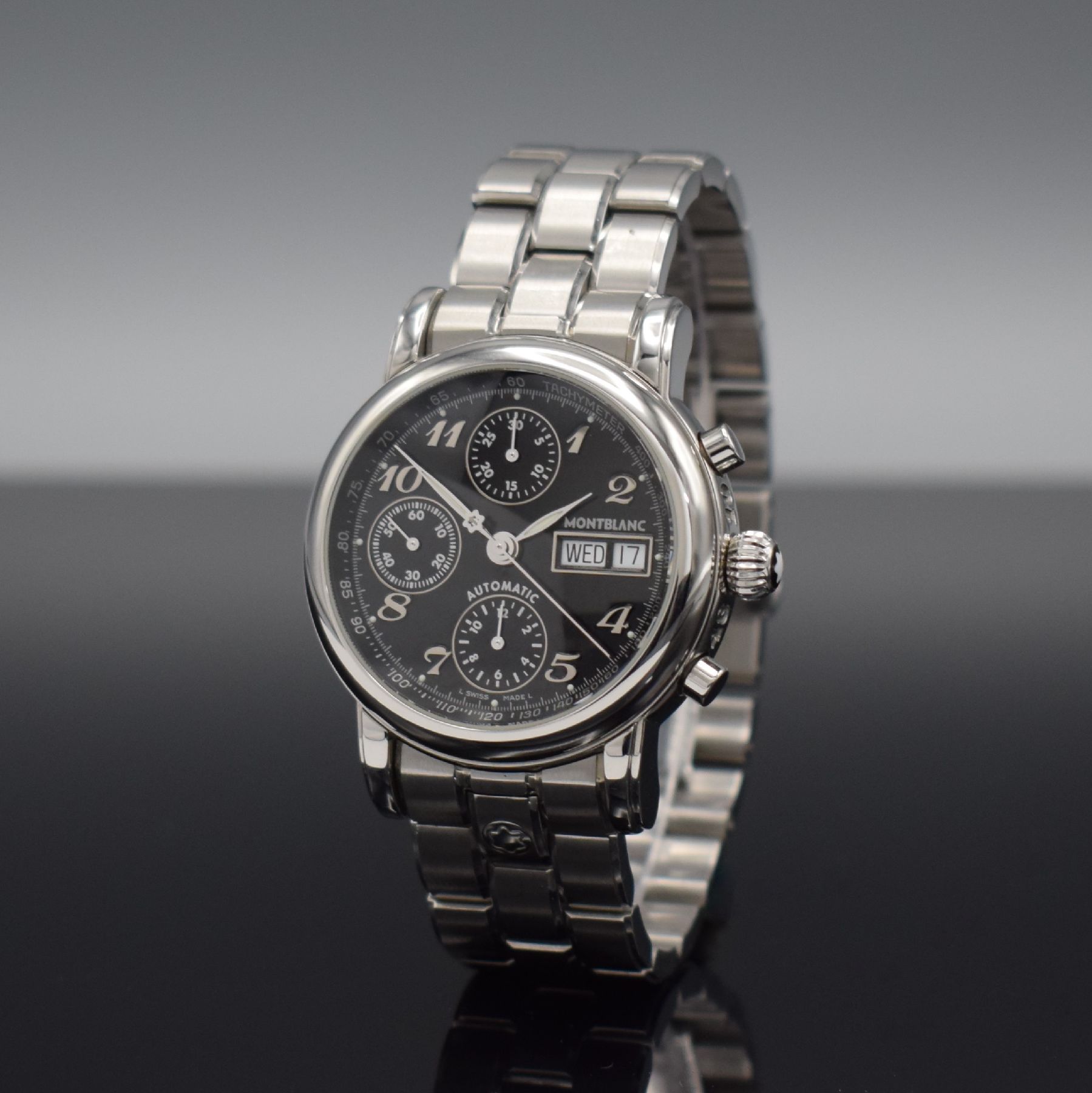 Detail b: MONTBLANC Meisterstück Herrenarmbanduhr mit Chronograph, Schweiz 2003, Automatik, Ref. 7016, beids. vergl. Edelstahlgeh. inkl. orig. Gliederband m. ...