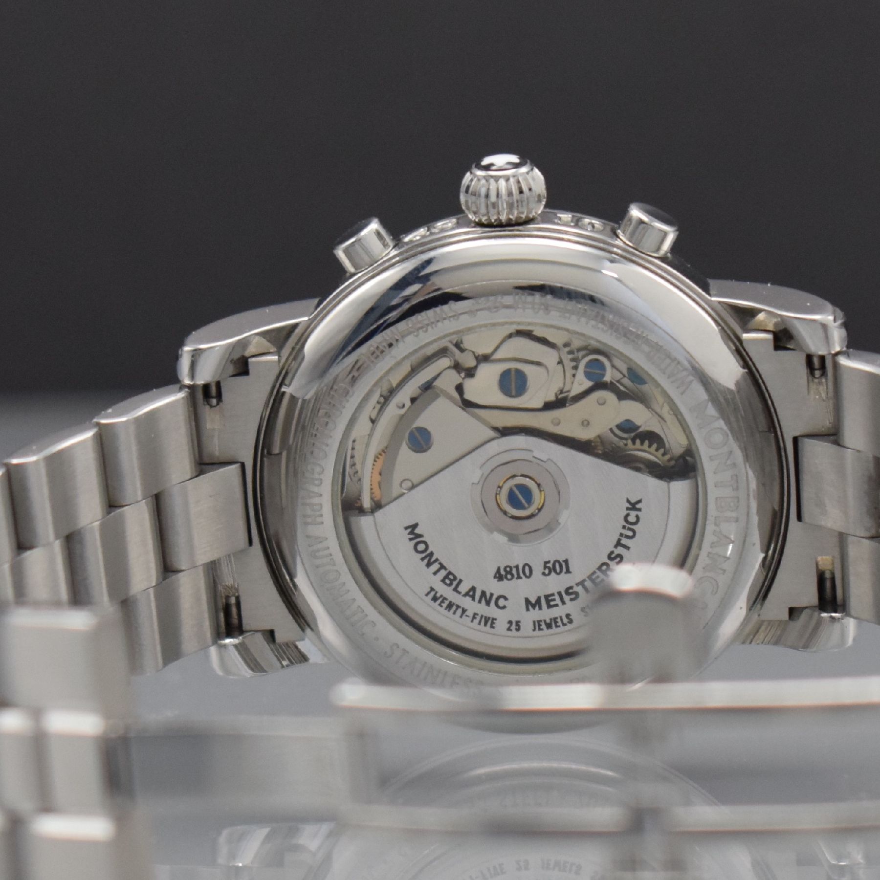 Detail e: MONTBLANC Meisterstück Herrenarmbanduhr mit Chronograph, Schweiz 2003, Automatik, Ref. 7016, beids. vergl. Edelstahlgeh. inkl. orig. Gliederband m. ...