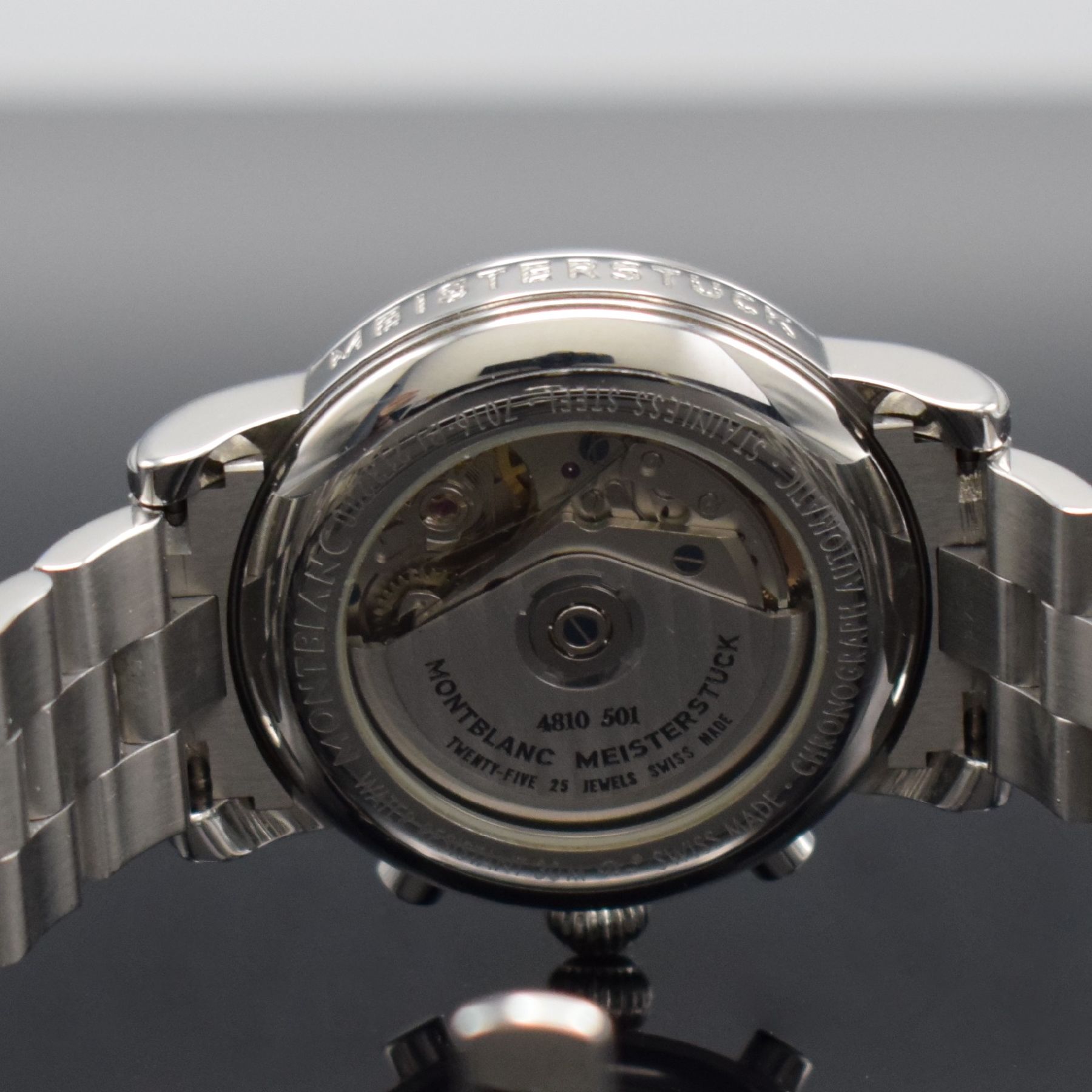 Detail f: MONTBLANC Meisterstück Herrenarmbanduhr mit Chronograph, Schweiz 2003, Automatik, Ref. 7016, beids. vergl. Edelstahlgeh. inkl. orig. Gliederband m. ...