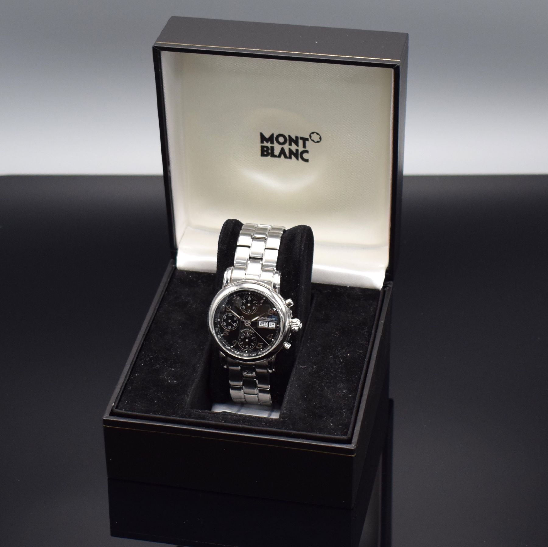 Detail h: MONTBLANC Meisterstück Herrenarmbanduhr mit Chronograph, Schweiz 2003, Automatik, Ref. 7016, beids. vergl. Edelstahlgeh. inkl. orig. Gliederband m. ...