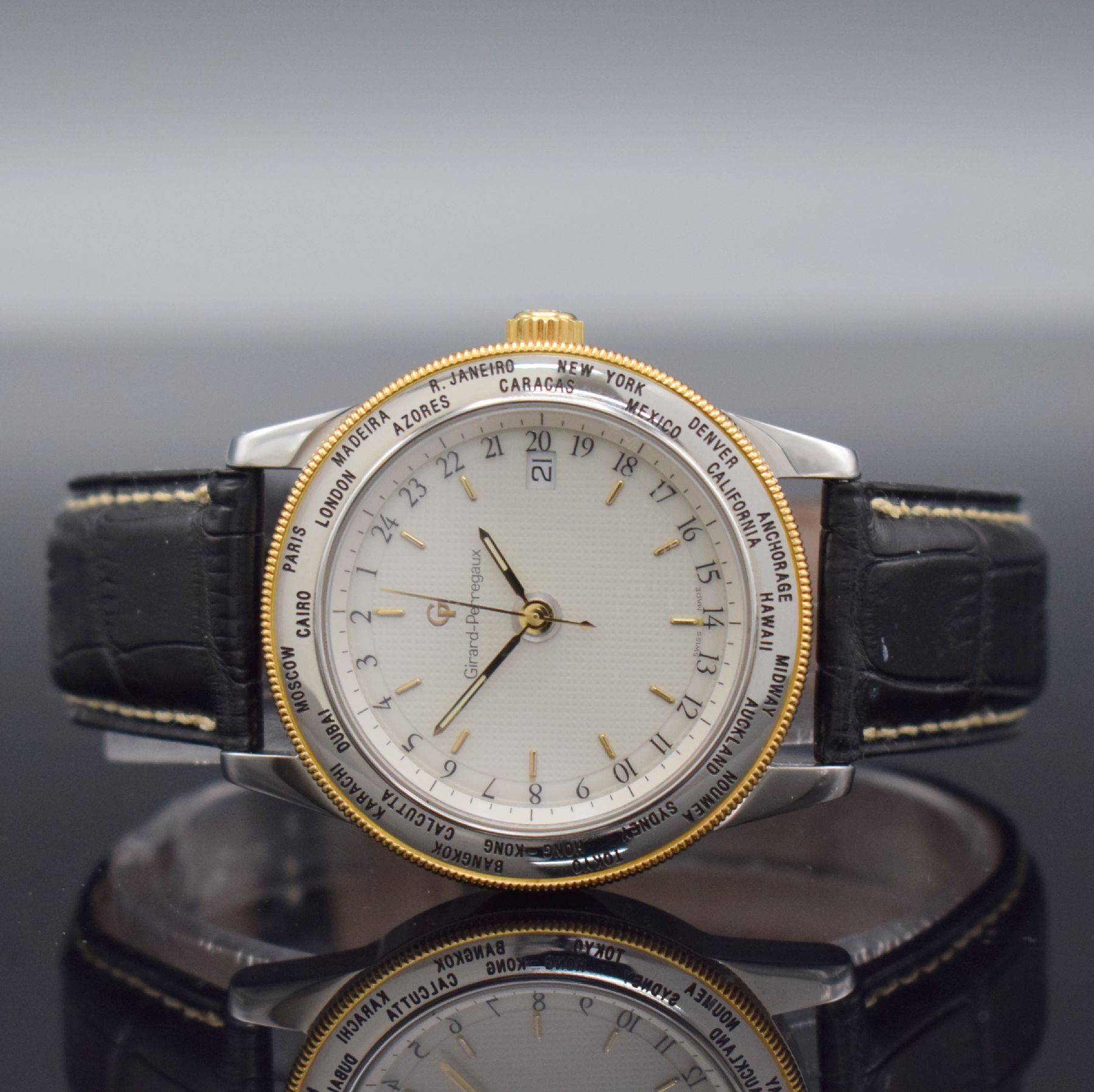 GIRARD PERREGAUX GP 90 "World Time" Herrenarmbanduhr mit 2er Zeitzone, Schweiz verk. 12/2000, Automatik, Ref. 1010, Edelstahlgeh. teils ...