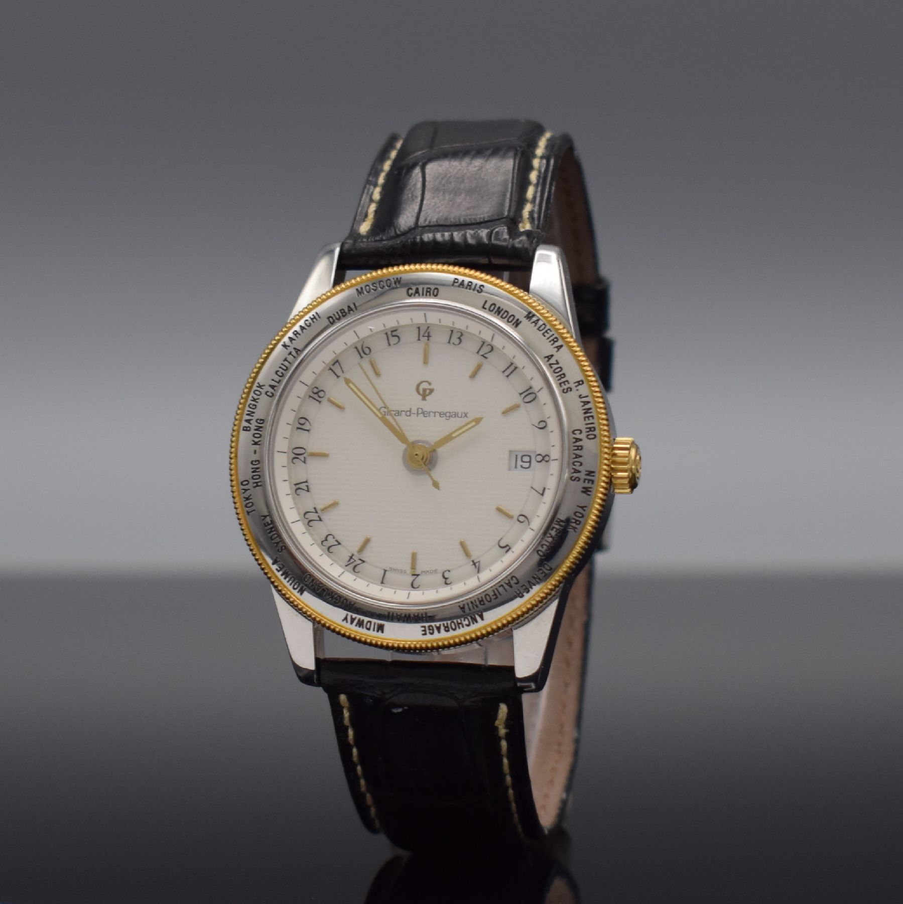 Detail b: GIRARD PERREGAUX GP 90 "World Time" Herrenarmbanduhr mit 2er Zeitzone, Schweiz verk. 12/2000, Automatik, Ref. 1010, Edelstahlgeh. teils ...