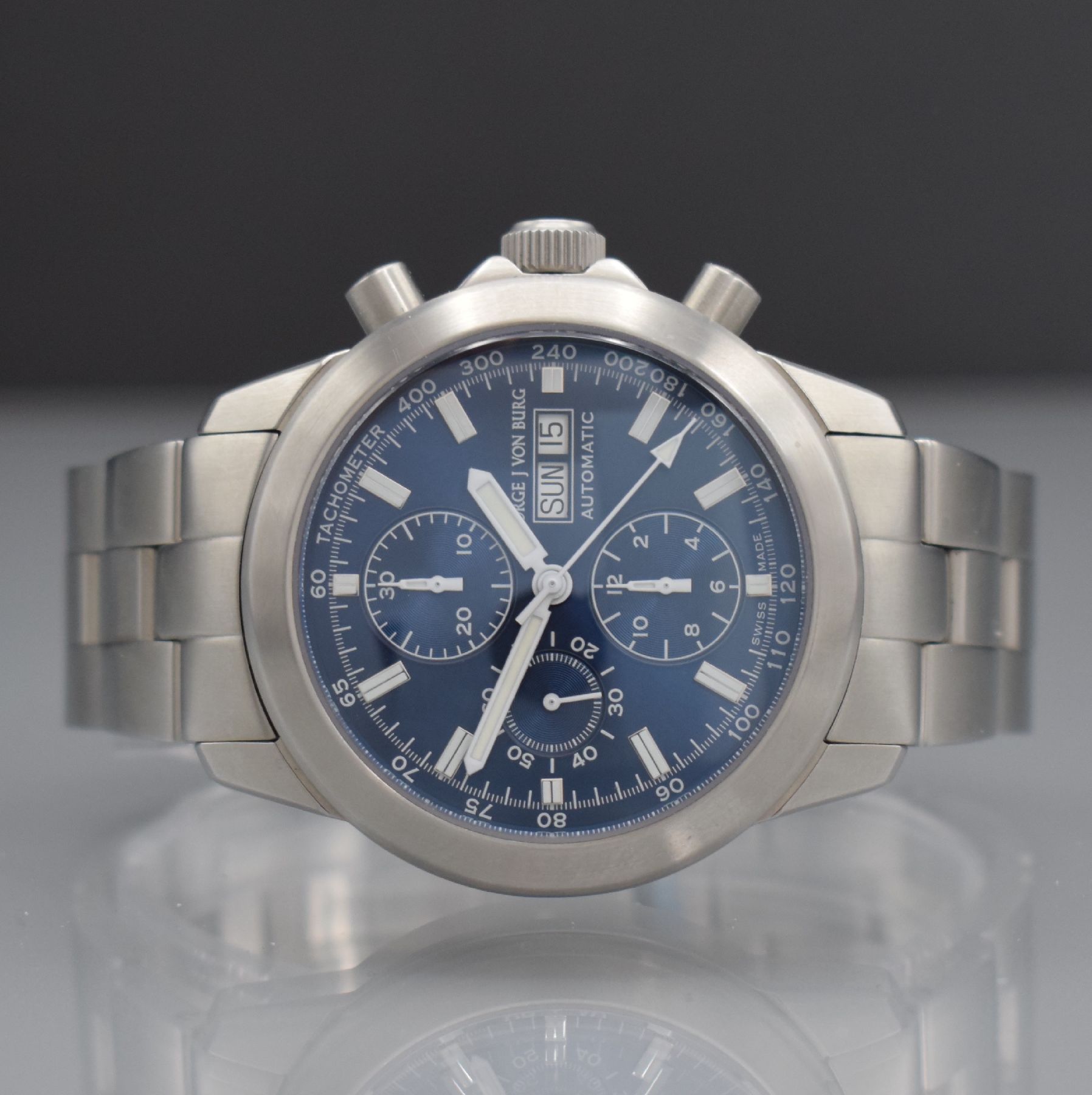GEORGE J VON BURG Sport II große Herrenarmbanduhr mit Chronograph, Schweiz um 2005, Automatik, massives beids. vergl. Geh., Boden geschr., orig. ...