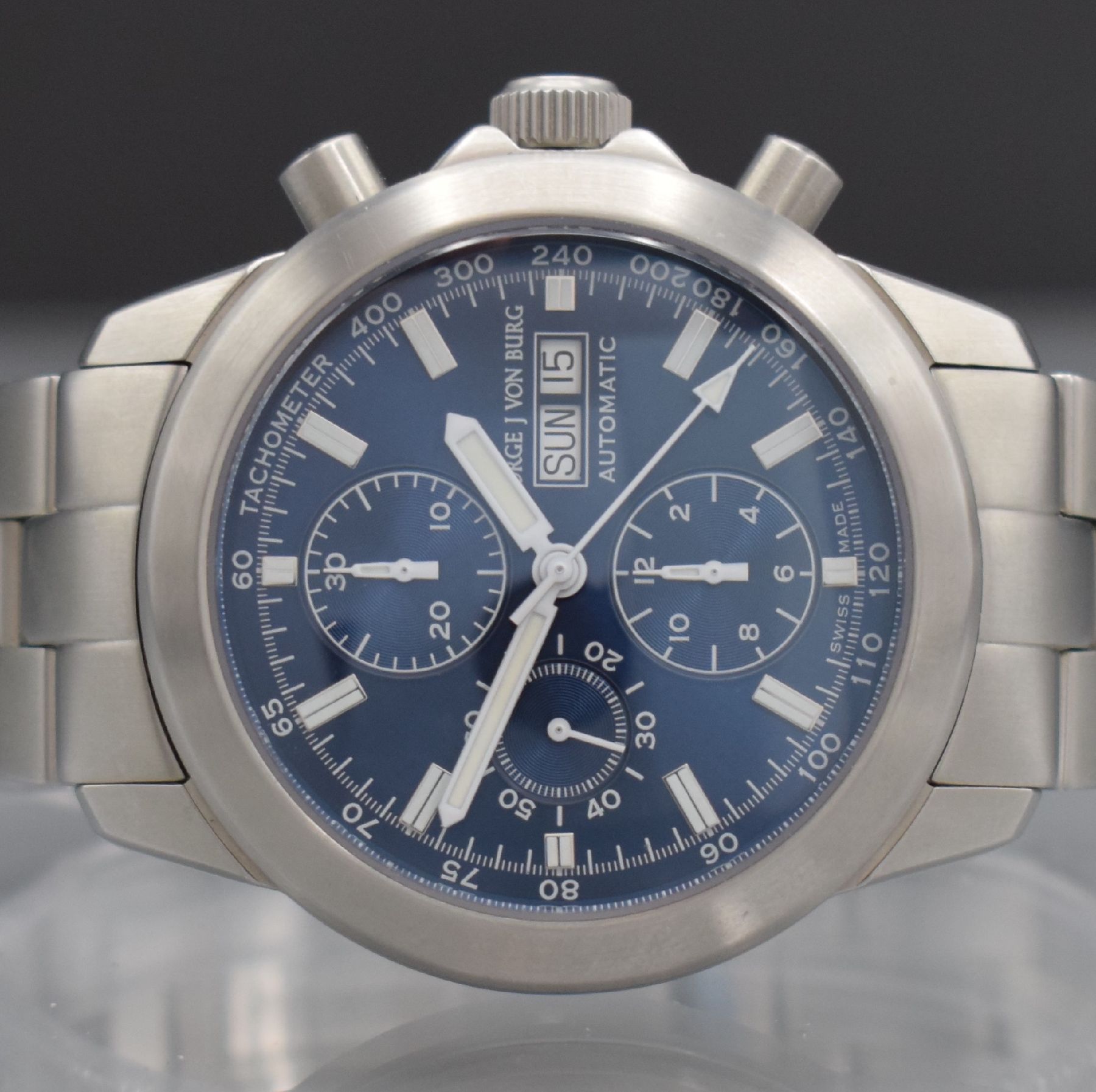 Detail a: GEORGE J VON BURG Sport II große Herrenarmbanduhr mit Chronograph, Schweiz um 2005, Automatik, massives beids. vergl. Geh., Boden geschr., orig. ...