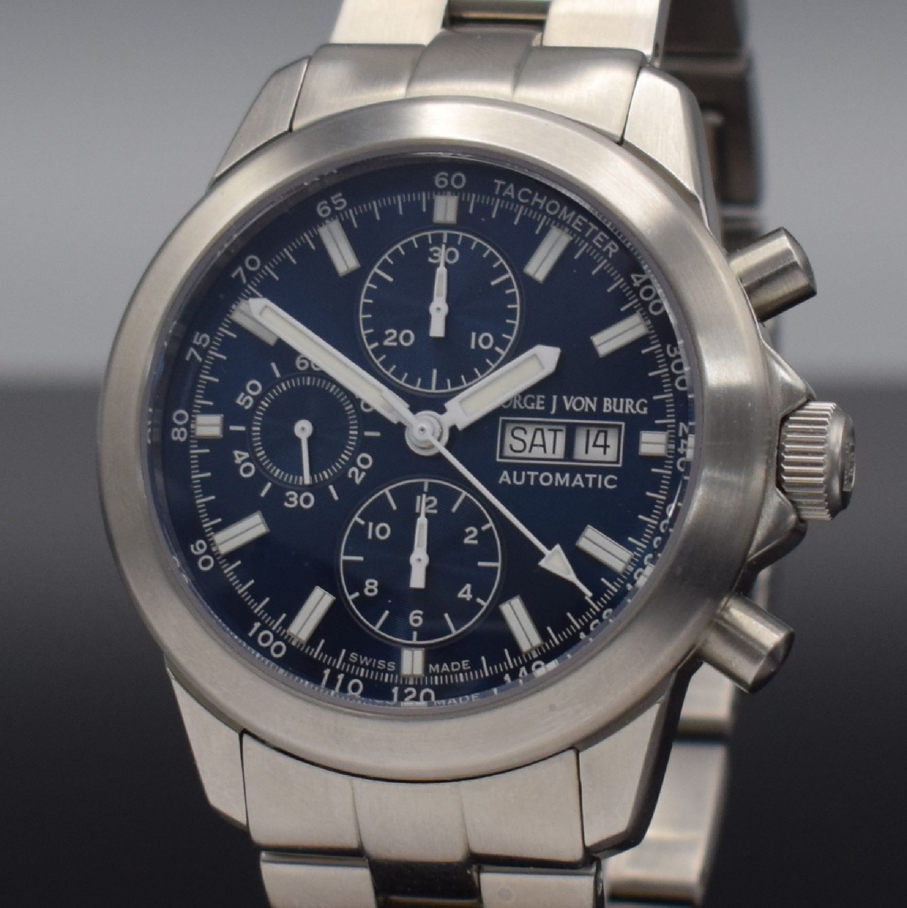 Detail b: GEORGE J VON BURG Sport II große Herrenarmbanduhr mit Chronograph, Schweiz um 2005, Automatik, massives beids. vergl. Geh., Boden geschr., orig. ...
