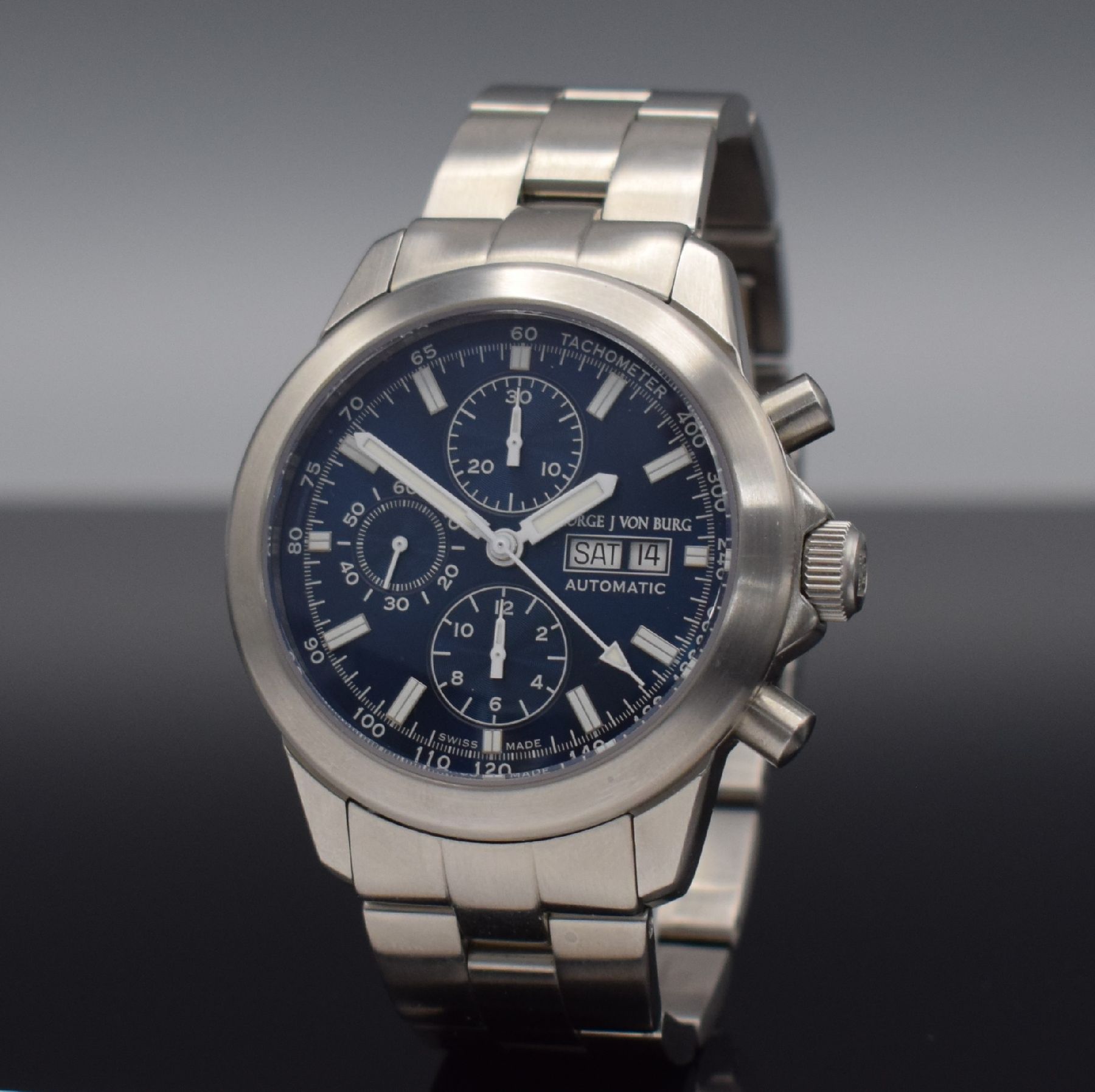Detail c: GEORGE J VON BURG Sport II große Herrenarmbanduhr mit Chronograph, Schweiz um 2005, Automatik, massives beids. vergl. Geh., Boden geschr., orig. ...