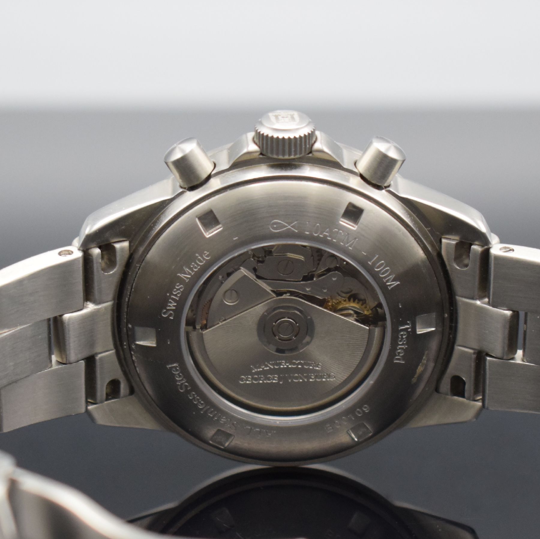 Detail f: GEORGE J VON BURG Sport II große Herrenarmbanduhr mit Chronograph, Schweiz um 2005, Automatik, massives beids. vergl. Geh., Boden geschr., orig. ...