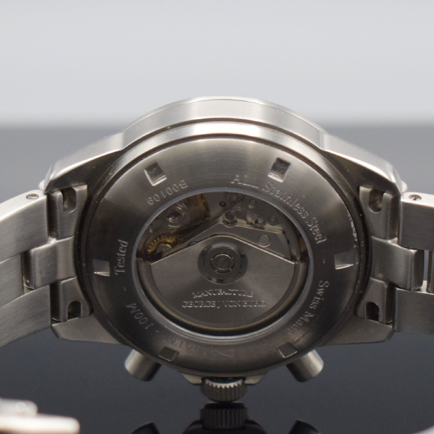 Detail g: GEORGE J VON BURG Sport II große Herrenarmbanduhr mit Chronograph, Schweiz um 2005, Automatik, massives beids. vergl. Geh., Boden geschr., orig. ...
