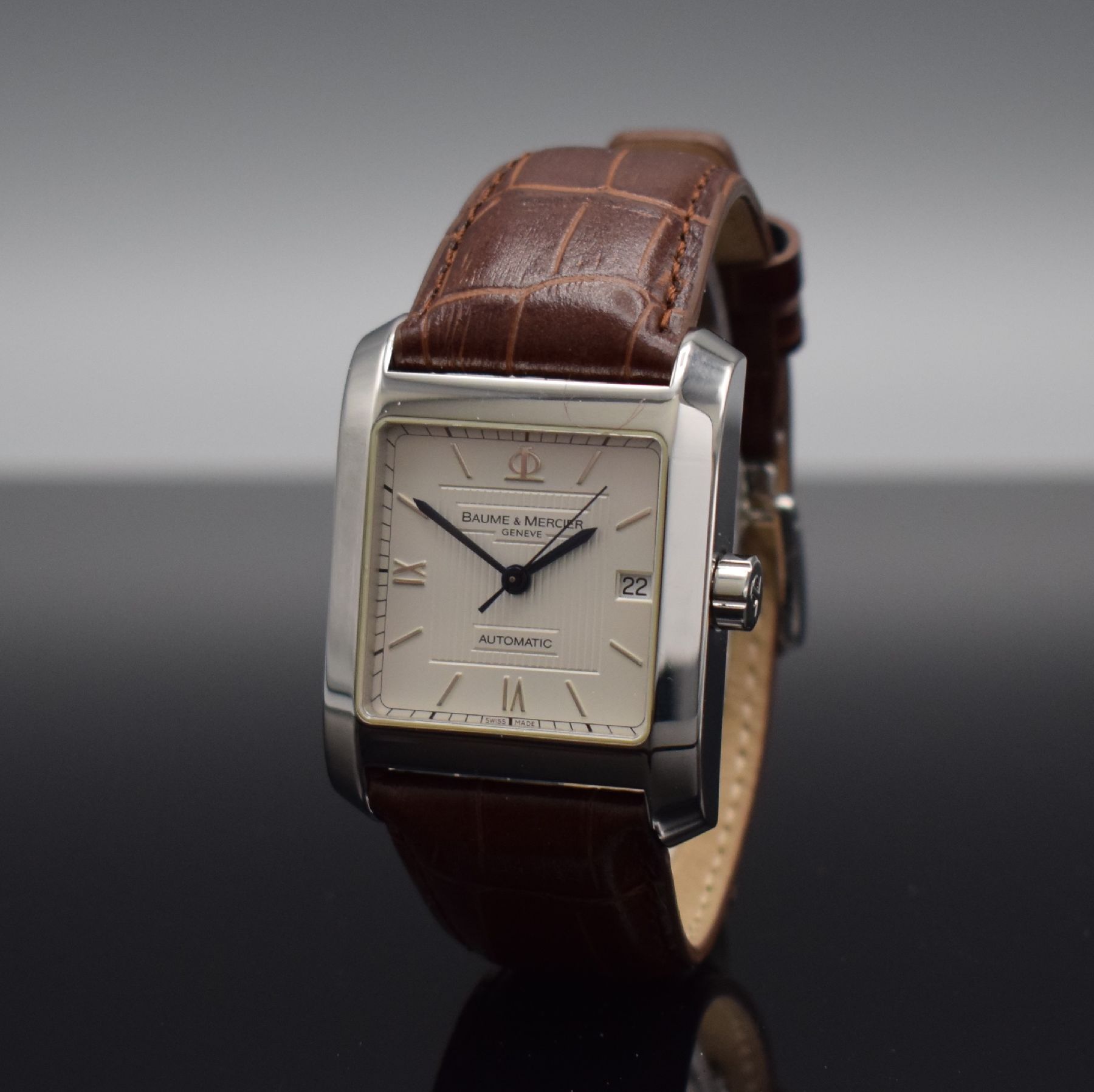 Detail b: BAUME & MERCIER Herrenarmbanduhr Hampton Classic, Schweiz um 2008, Automatik, Ref. 65597, Edelstahlgeh., Lederband m. orig. dopp. Faltschl., Boden m. ...