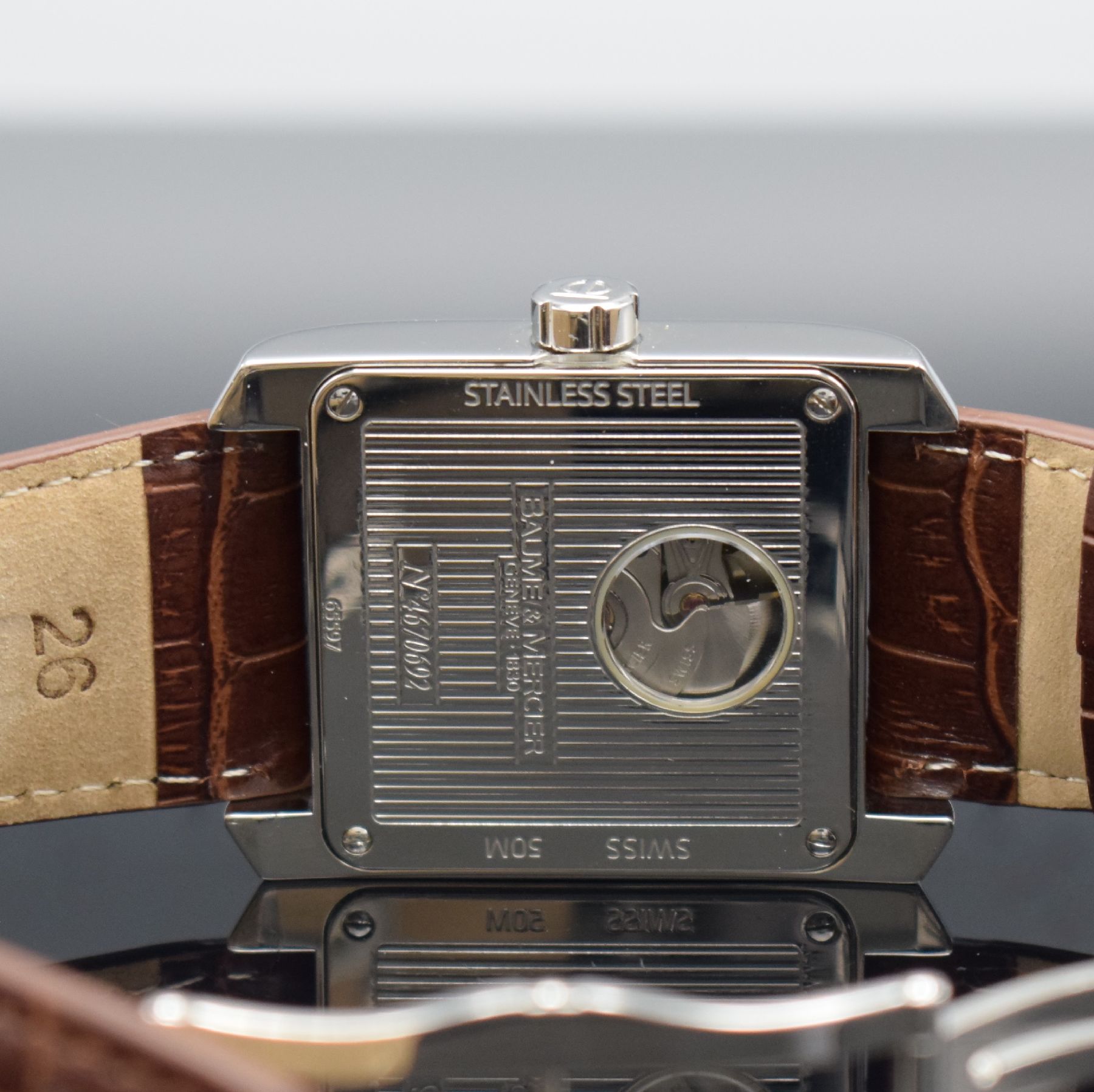 Detail f: BAUME & MERCIER Herrenarmbanduhr Hampton Classic, Schweiz um 2008, Automatik, Ref. 65597, Edelstahlgeh., Lederband m. orig. dopp. Faltschl., Boden m. ...