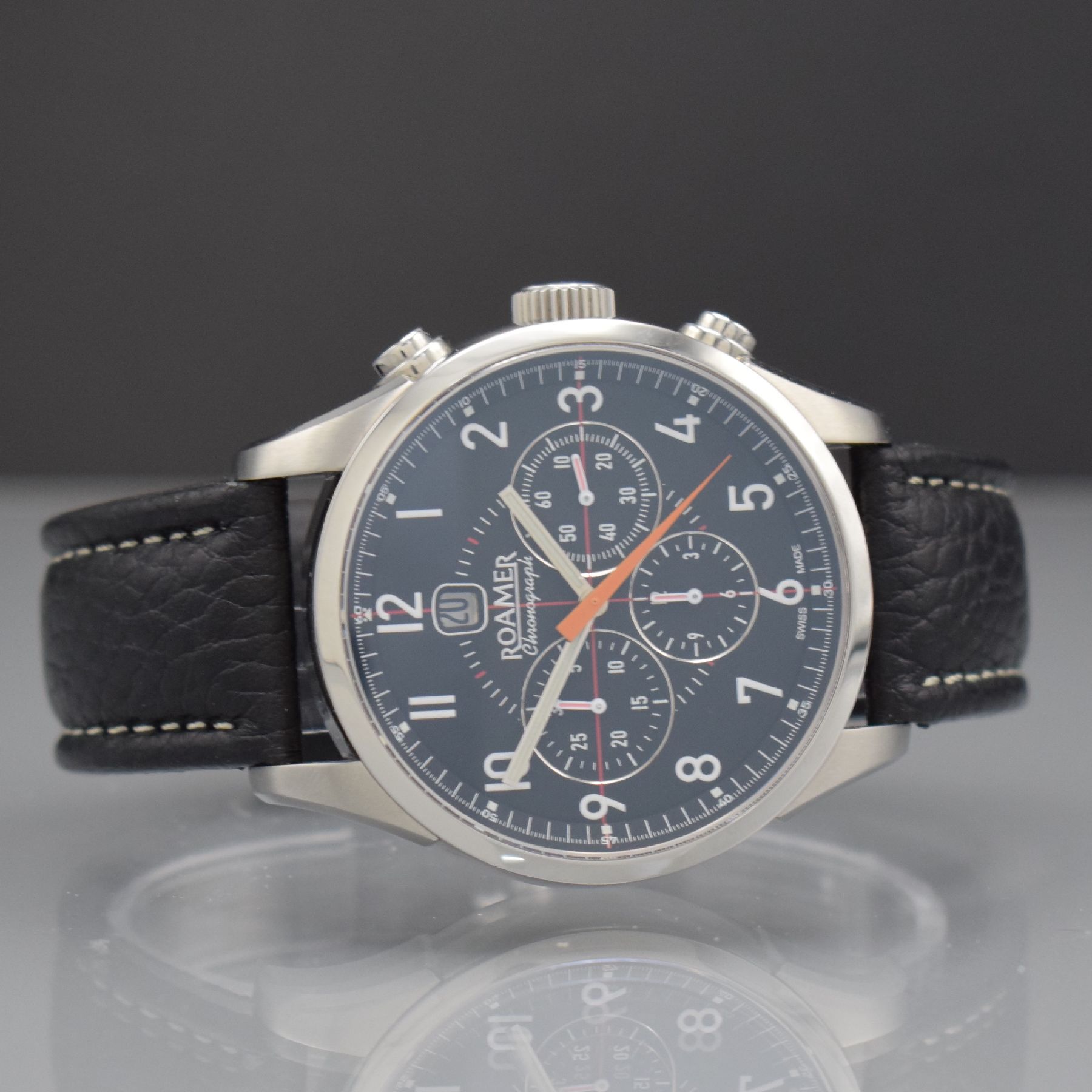 ROAMER Herrenarmbanduhr mit Chronograph, Schweiz um 2005, Automatik, massives beids. vergl. Edelstahlgeh., Boden 6-fach verschr., schwarzes Zifferbl. ...