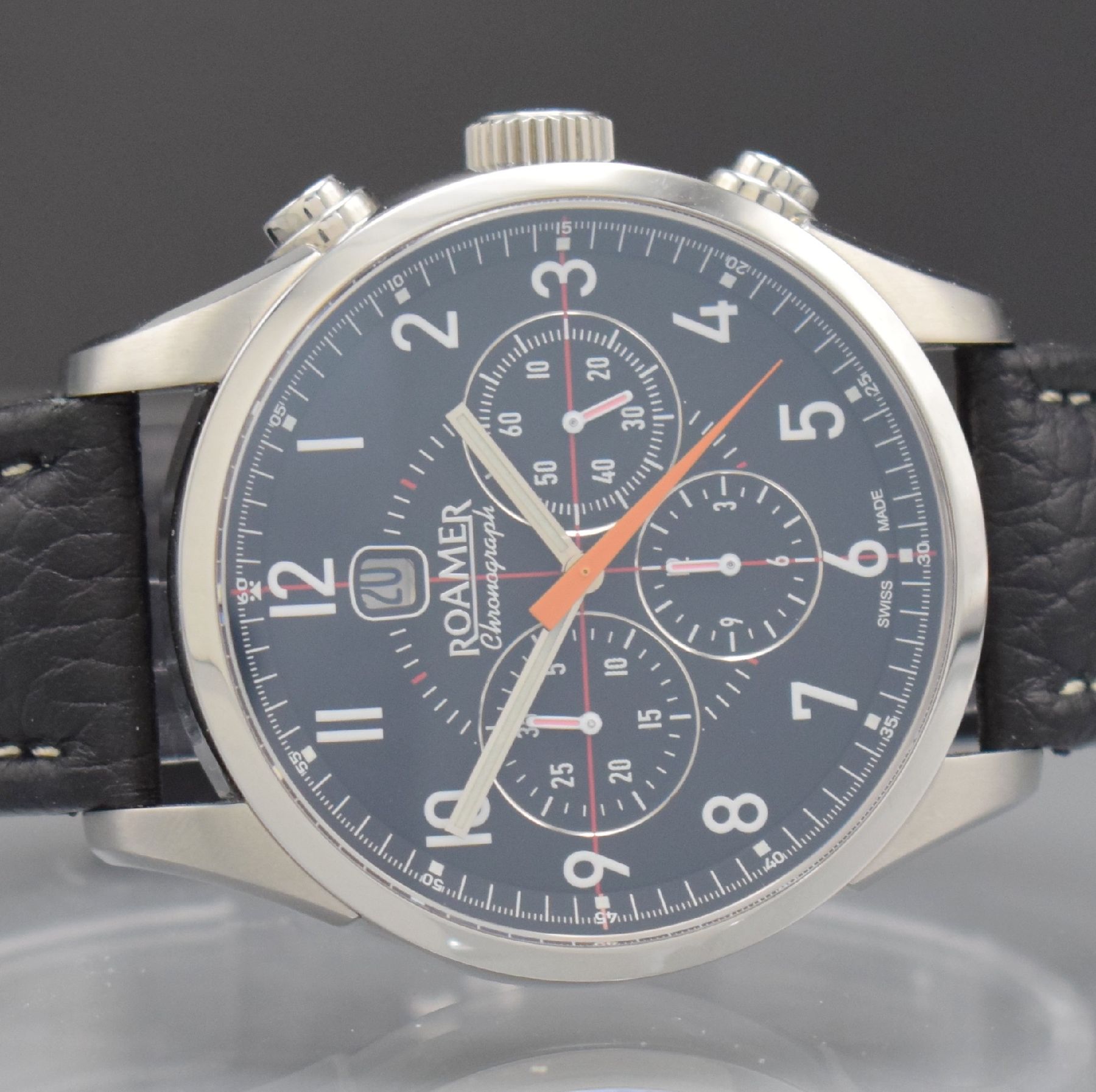 Detail a: ROAMER Herrenarmbanduhr mit Chronograph, Schweiz um 2005, Automatik, massives beids. vergl. Edelstahlgeh., Boden 6-fach verschr., schwarzes Zifferbl. ...