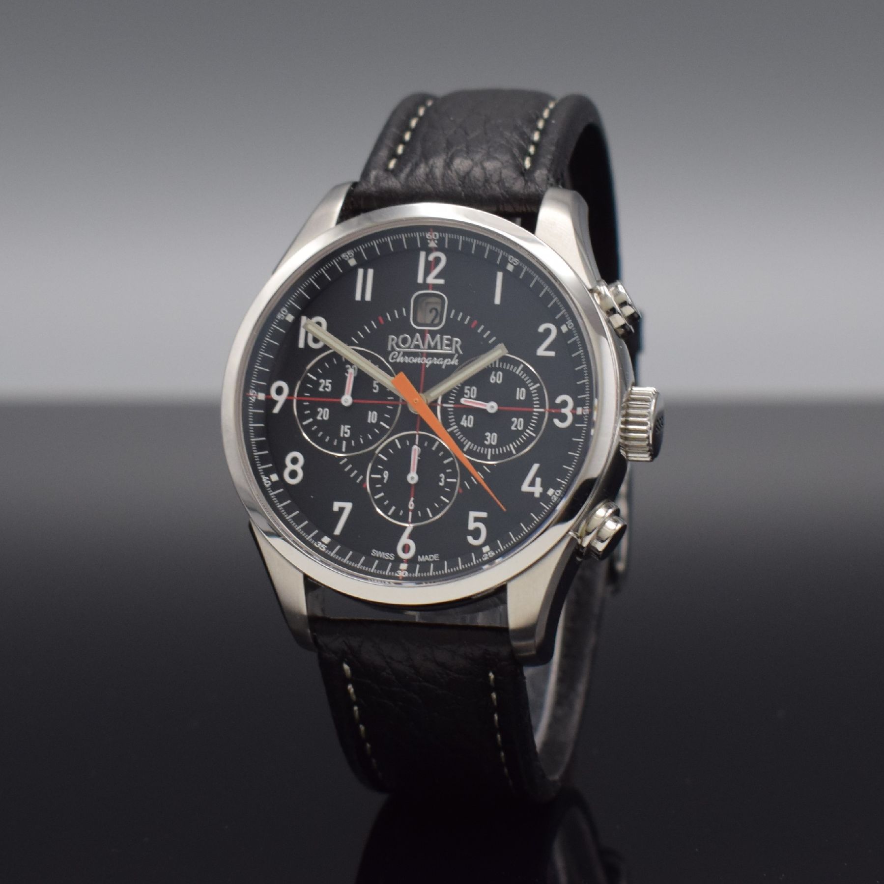 Detail b: ROAMER Herrenarmbanduhr mit Chronograph, Schweiz um 2005, Automatik, massives beids. vergl. Edelstahlgeh., Boden 6-fach verschr., schwarzes Zifferbl. ...
