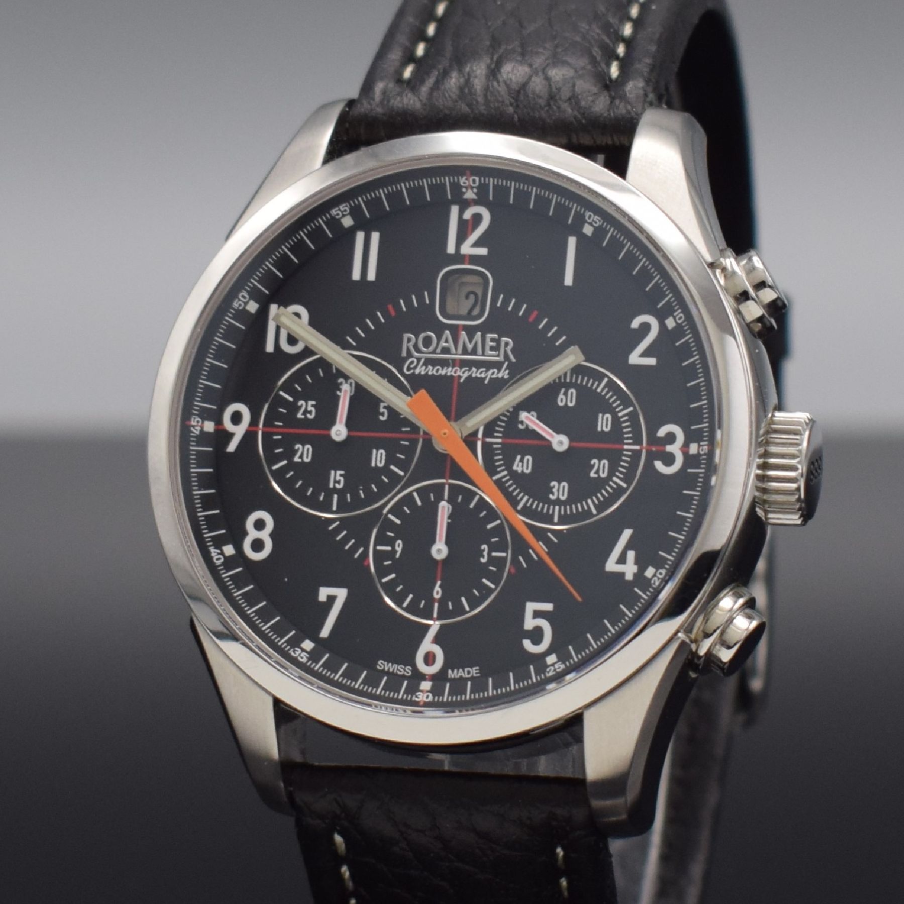 Detail c: ROAMER Herrenarmbanduhr mit Chronograph, Schweiz um 2005, Automatik, massives beids. vergl. Edelstahlgeh., Boden 6-fach verschr., schwarzes Zifferbl. ...
