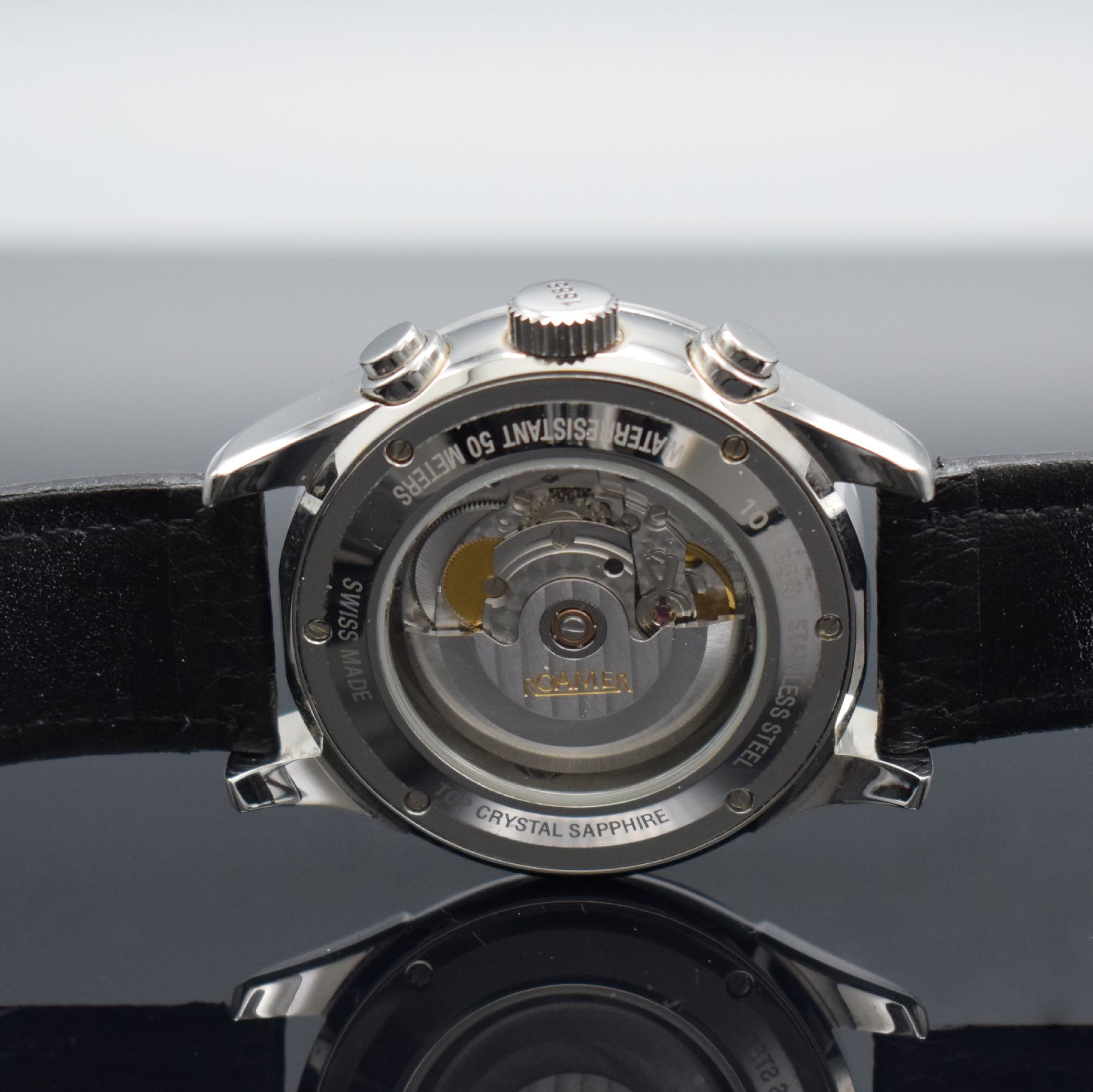 Detail e: ROAMER Herrenarmbanduhr mit Chronograph, Schweiz um 2005, Automatik, massives beids. vergl. Edelstahlgeh., Boden 6-fach verschr., schwarzes Zifferbl. ...