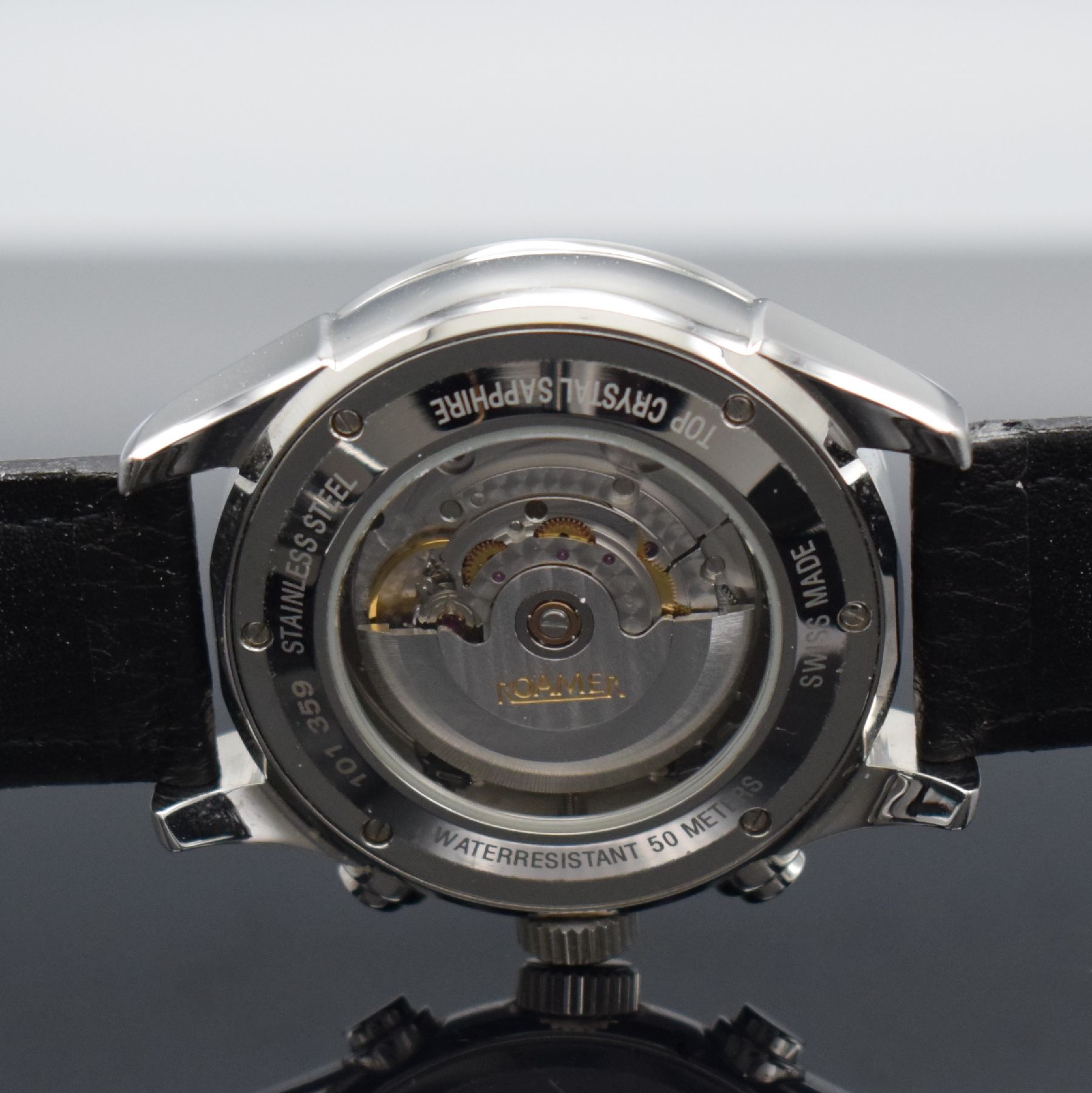 Detail f: ROAMER Herrenarmbanduhr mit Chronograph, Schweiz um 2005, Automatik, massives beids. vergl. Edelstahlgeh., Boden 6-fach verschr., schwarzes Zifferbl. ...