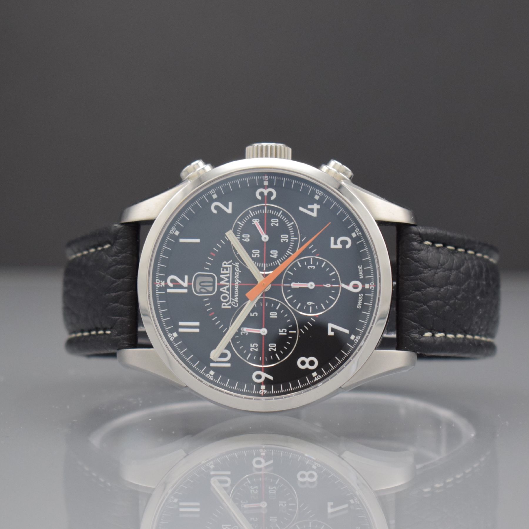 Detail g: ROAMER Herrenarmbanduhr mit Chronograph, Schweiz um 2005, Automatik, massives beids. vergl. Edelstahlgeh., Boden 6-fach verschr., schwarzes Zifferbl. ...