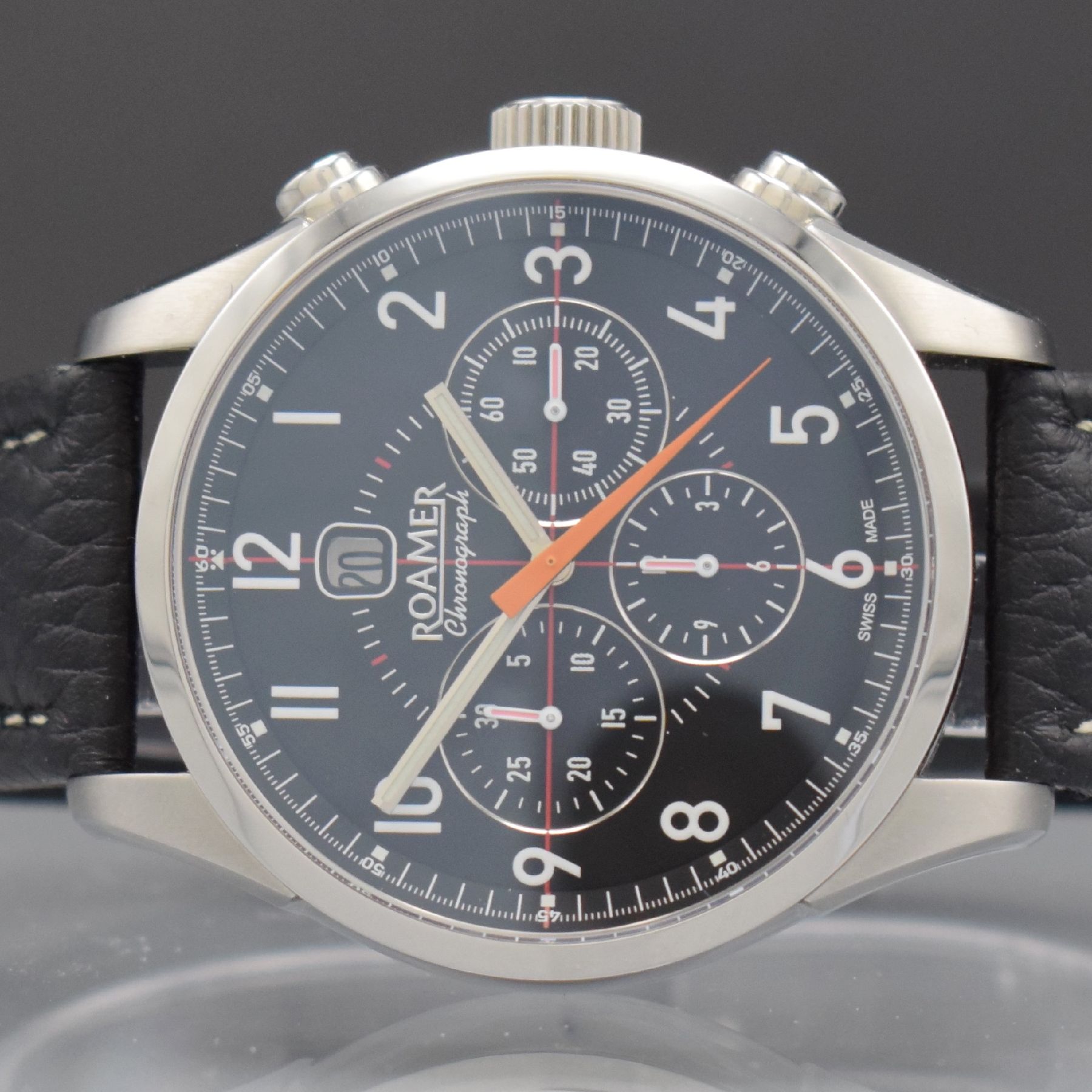 Detail h: ROAMER Herrenarmbanduhr mit Chronograph, Schweiz um 2005, Automatik, massives beids. vergl. Edelstahlgeh., Boden 6-fach verschr., schwarzes Zifferbl. ...