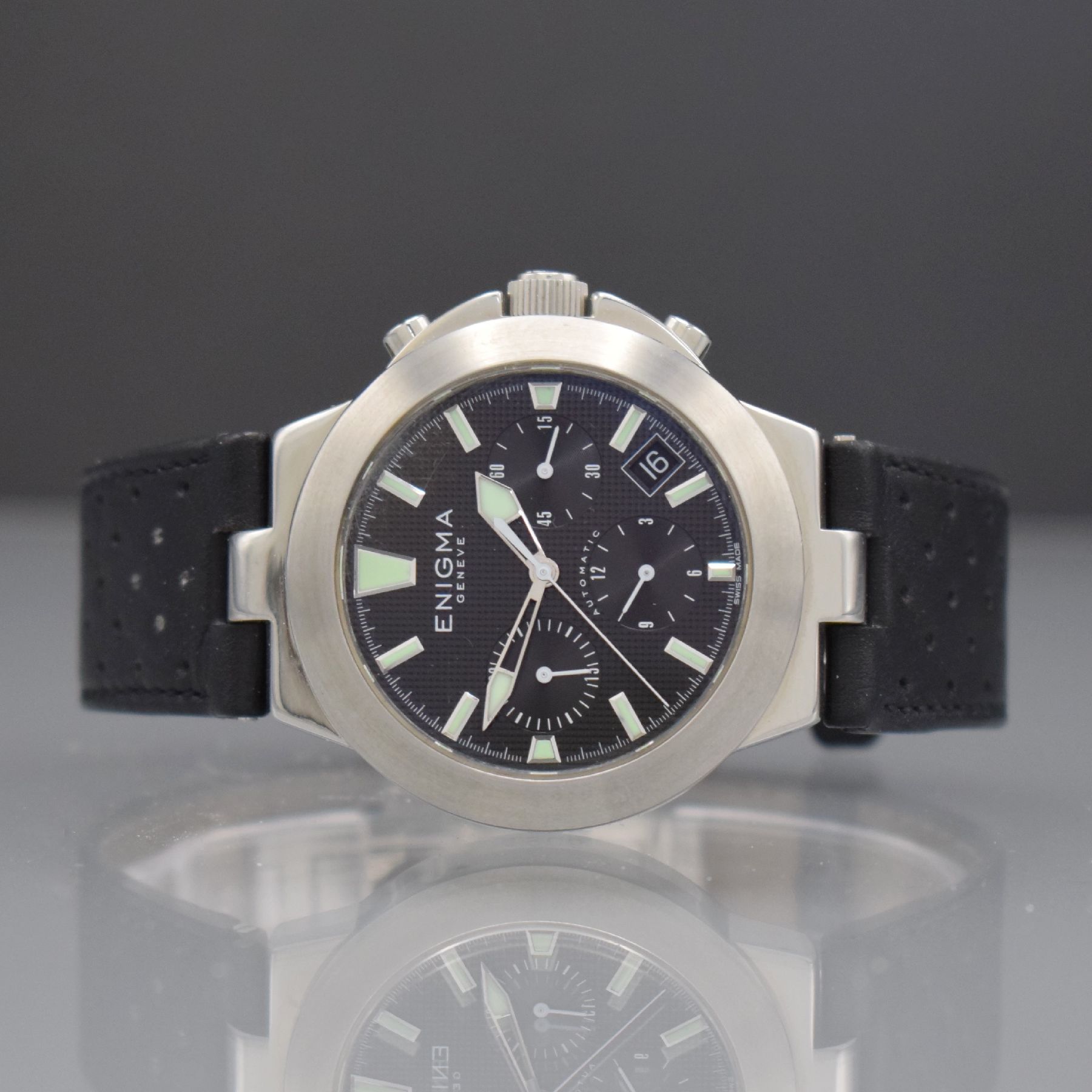 ENIGMA by Gianni Bulgrai Armbanduhr mit Chronograph, Schweiz um 2000, Automatik, beids. vergl. & verschr. Geh. in Edelstahl, orig. Lederband m. orig. ...