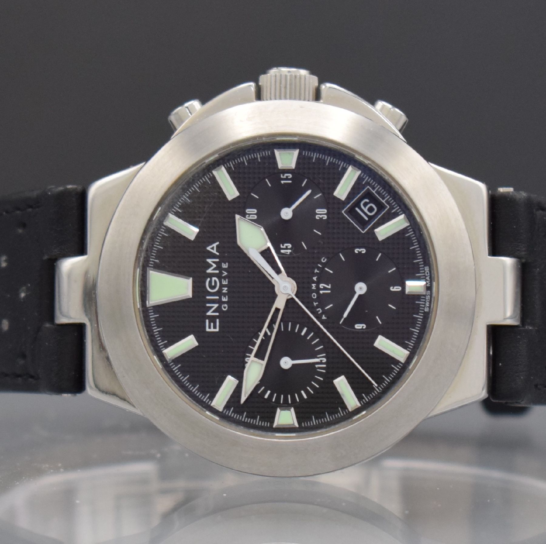 Detail a: ENIGMA by Gianni Bulgrai Armbanduhr mit Chronograph, Schweiz um 2000, Automatik, beids. vergl. & verschr. Geh. in Edelstahl, orig. Lederband m. orig. ...