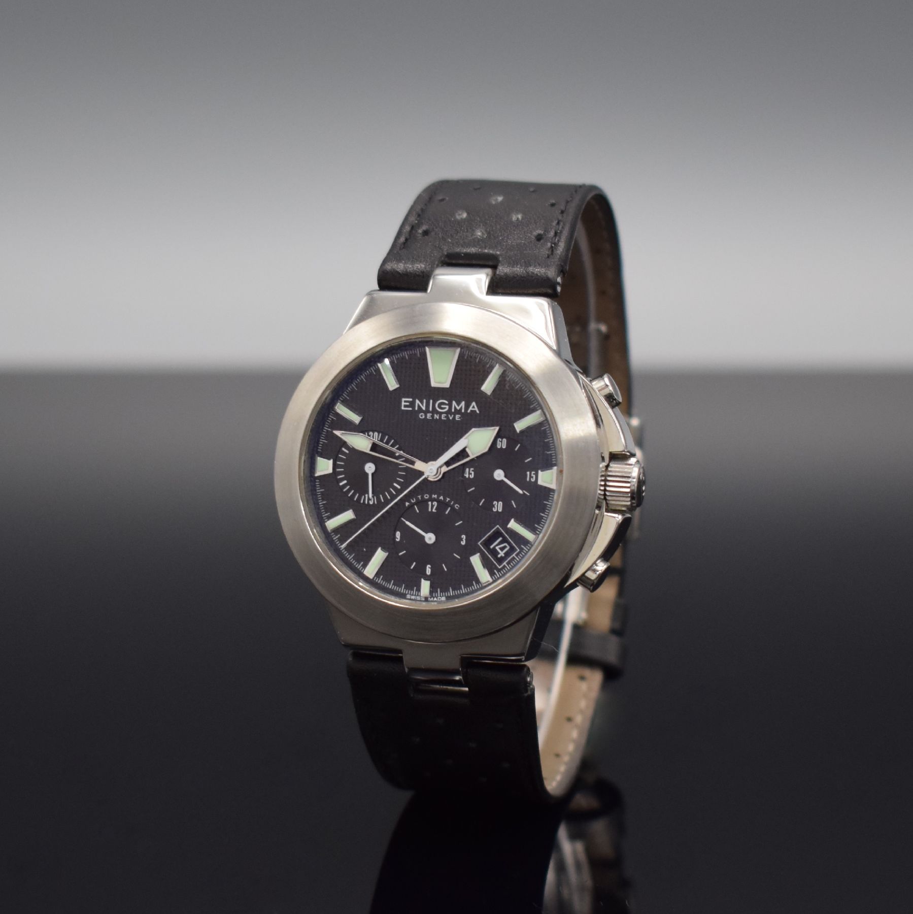 Detail b: ENIGMA by Gianni Bulgrai Armbanduhr mit Chronograph, Schweiz um 2000, Automatik, beids. vergl. & verschr. Geh. in Edelstahl, orig. Lederband m. orig. ...
