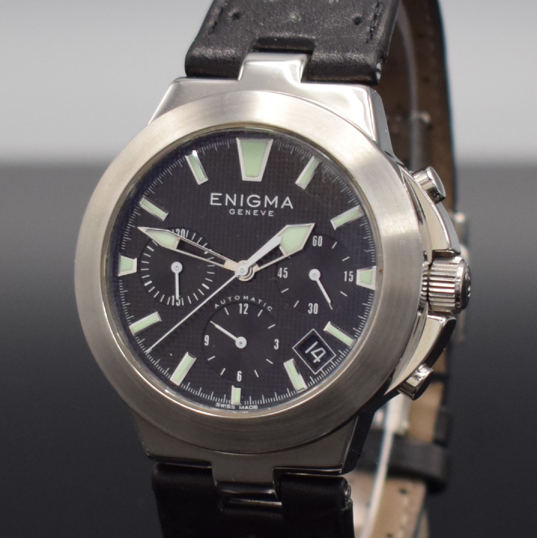 Detail c: ENIGMA by Gianni Bulgrai Armbanduhr mit Chronograph, Schweiz um 2000, Automatik, beids. vergl. & verschr. Geh. in Edelstahl, orig. Lederband m. orig. ...