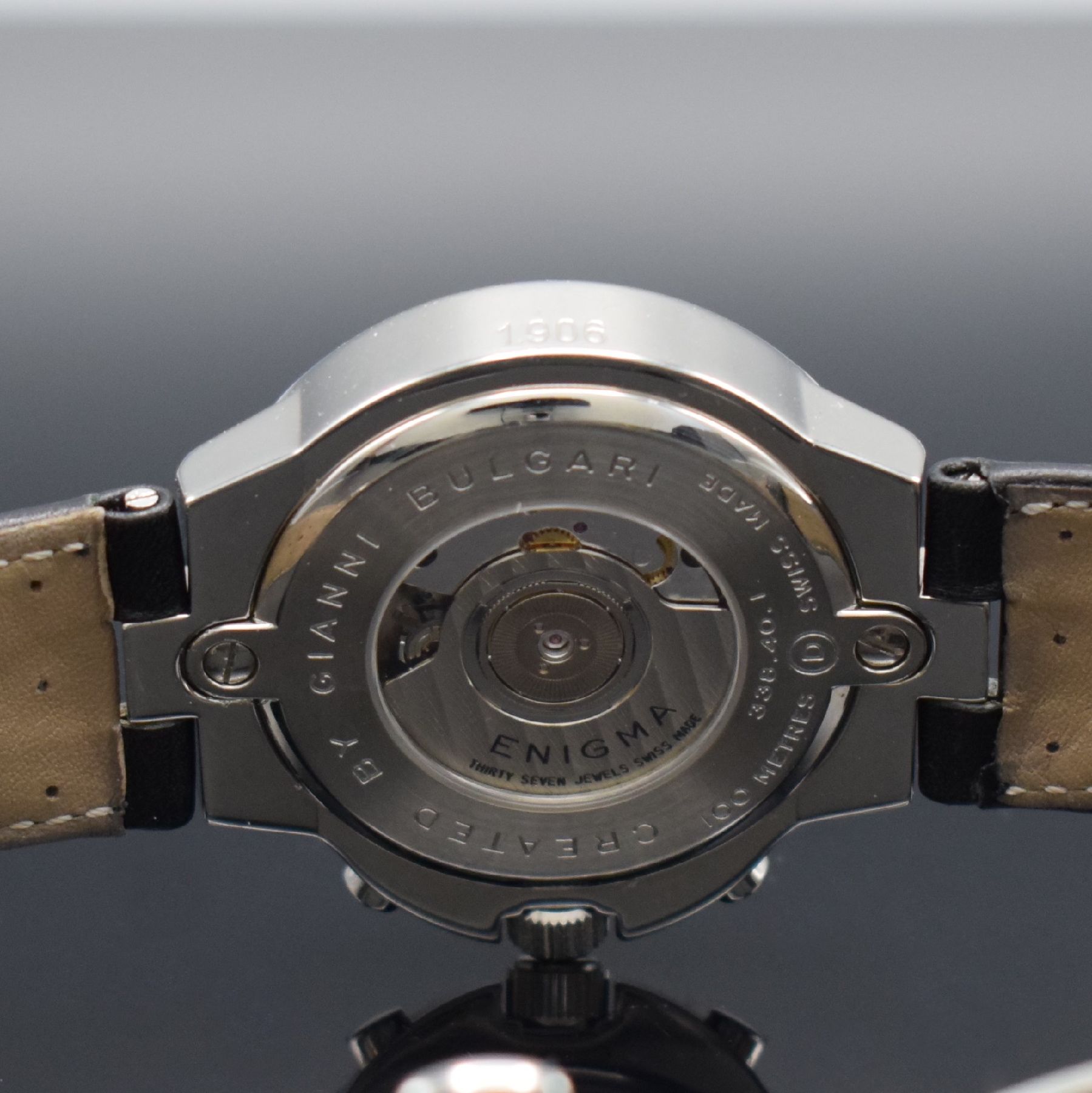 Detail f: ENIGMA by Gianni Bulgrai Armbanduhr mit Chronograph, Schweiz um 2000, Automatik, beids. vergl. & verschr. Geh. in Edelstahl, orig. Lederband m. orig. ...