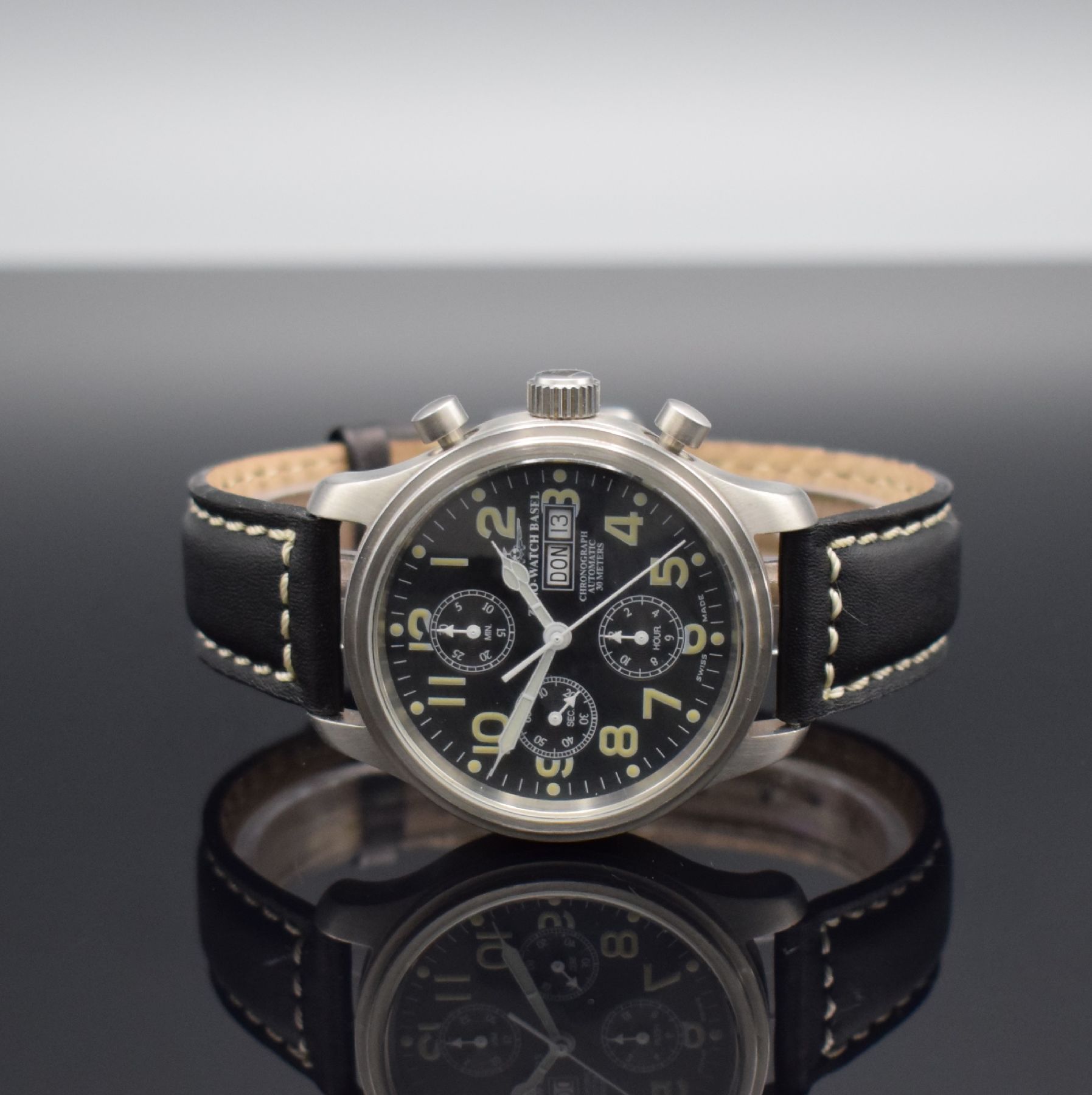 ZENO WATCH BASEL Armbandchronograph, Schweiz um 2005, Automatik, Ref. 9557, beids. vergl. Edelstahlgeh., Boden geschr., Lederband m. orig. Dornschl., ...